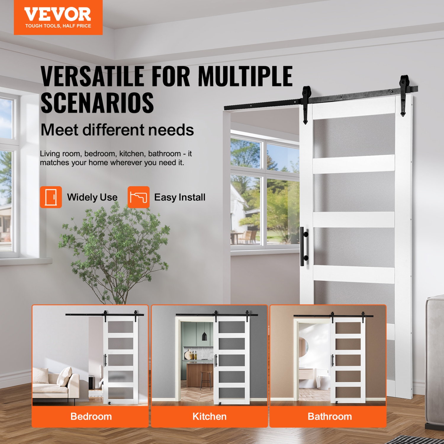 VEVOR 30" x 84" Barn Door and Hardware Kit, Wood and Glass Sliding Barn Door, Smoothly and Quietly, Barn Door Kit with 8-in-1 Floor Guide and Door