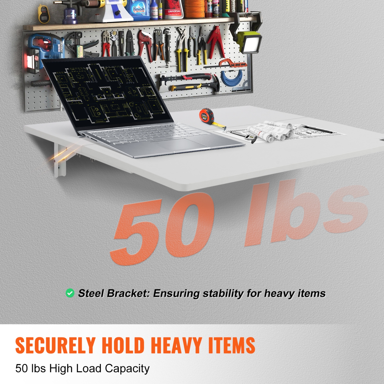 VEVOR 31.5" x 19.69" Wall Mounted Folding Table, Wall Mount Drop Leaf Table, Floating Desk with Iron Bracket, Fold Down Desk for Small Spaces, Home