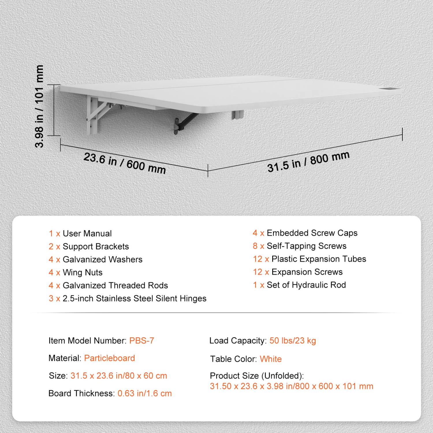 VEVOR 31.5" x 19.69" Wall Mounted Folding Table, Wall Mount Drop Leaf Table, Floating Desk with Iron Bracket, Fold Down Desk for Small Spaces, Home