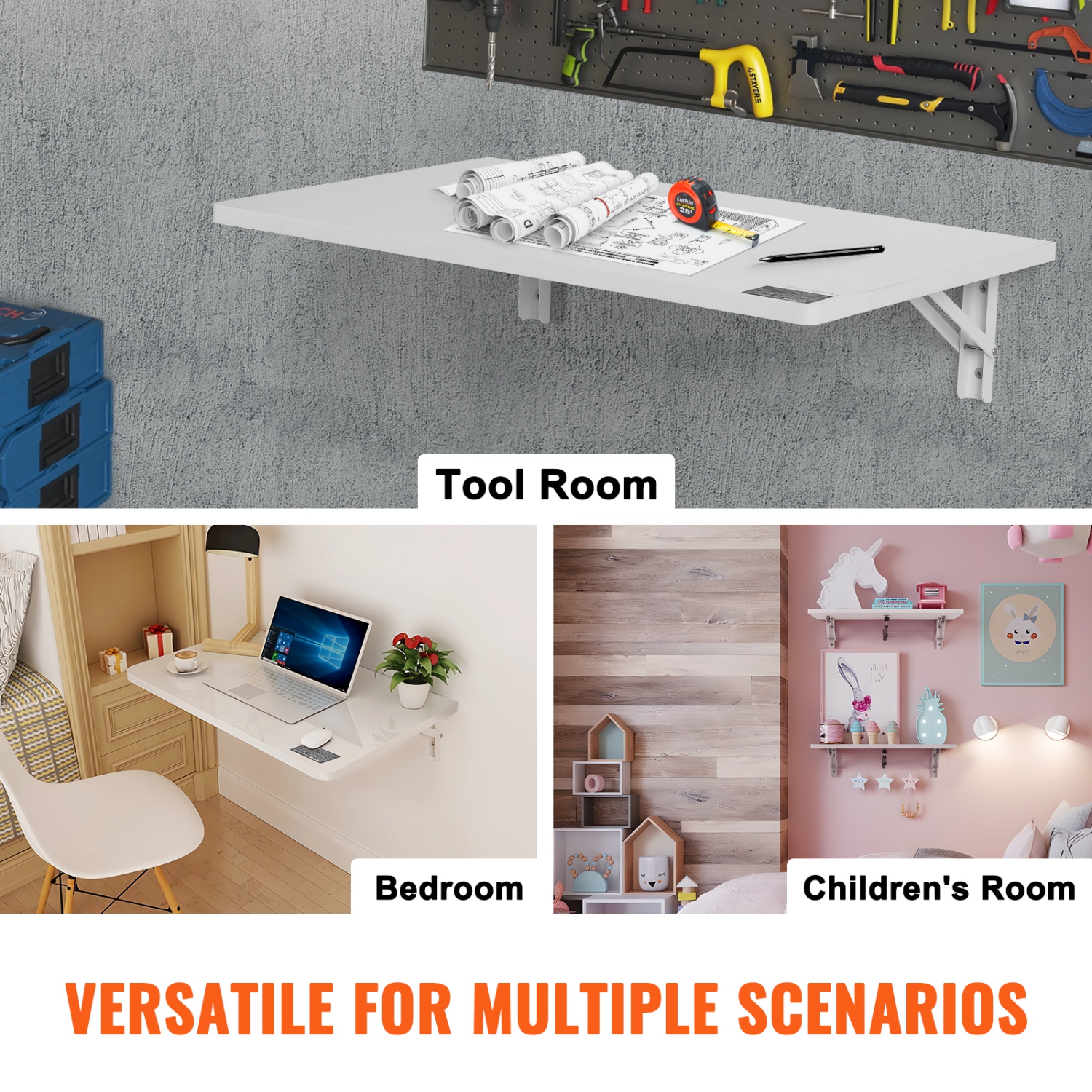 Table pliante murale VEVOR de 23,62 x 15,75&nbsp;po, table à abattant murale, bureau flottant avec support en fer, bureau rabattable pour les petits