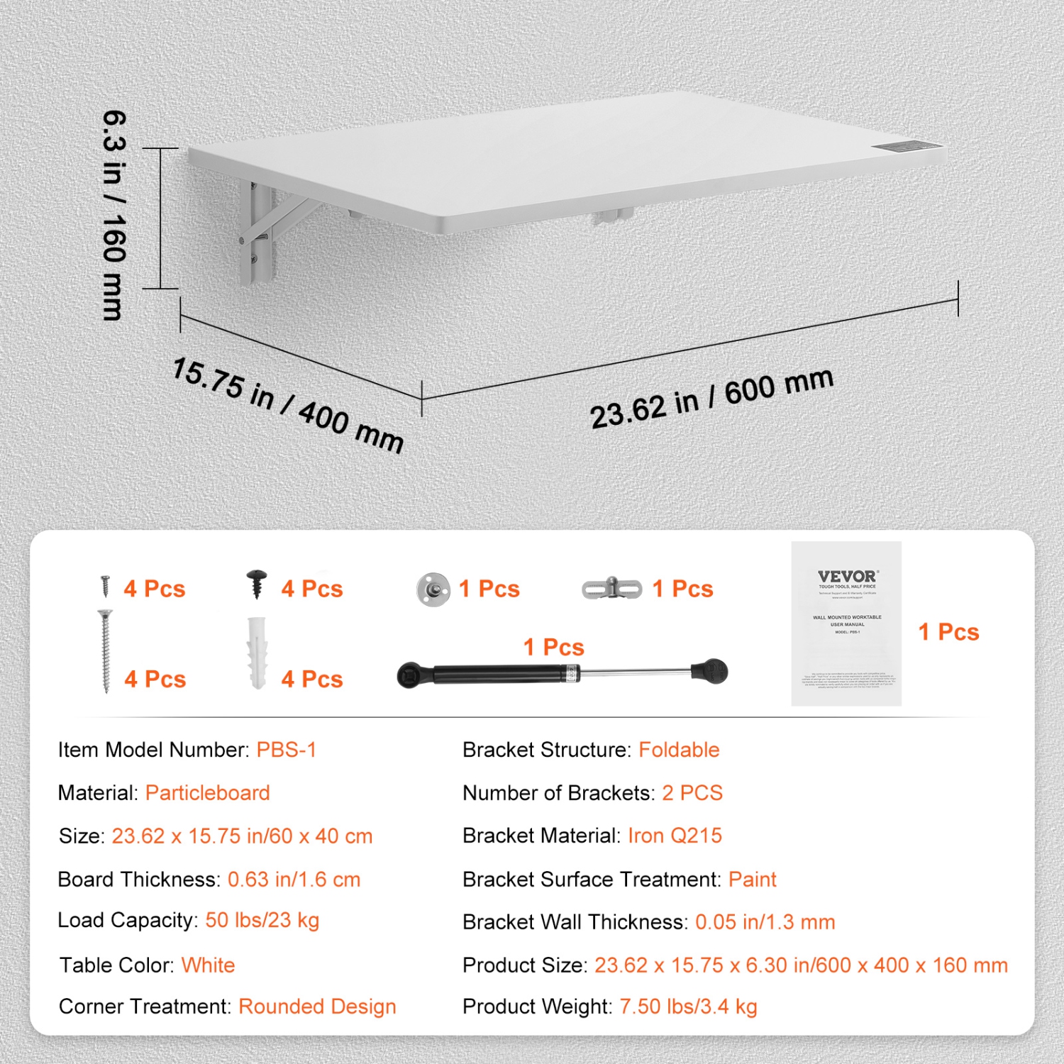 Table pliante murale VEVOR de 23,62 x 15,75&nbsp;po, table à abattant murale, bureau flottant avec support en fer, bureau rabattable pour les petits