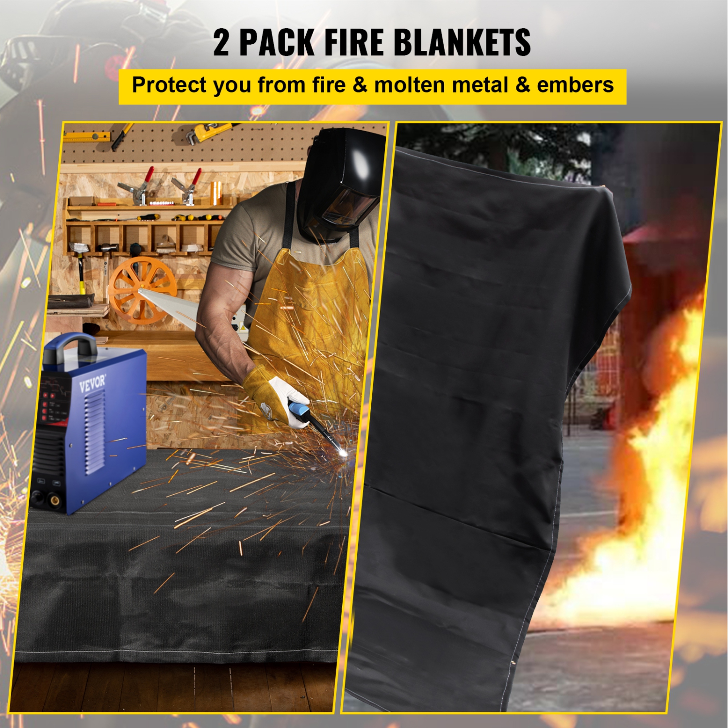 VEVOR 6' x 10'&nbsp;Fire Blankets, 2 Pack Welding Blankets, Fire Suppression Blanket, 1022&nbsp;°F Flame Retardant Blanket, Black&nbsp;Fire Emergency