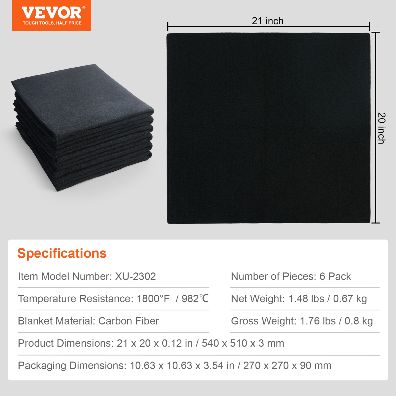 VEVOR 21" x 20" Carbon Felt Welding Blanket 6 Pack, Flame Retardant Welding Blankets, Up To 1800°F Heat Resistant Blanket Set, Cuttable Carbon Fiber