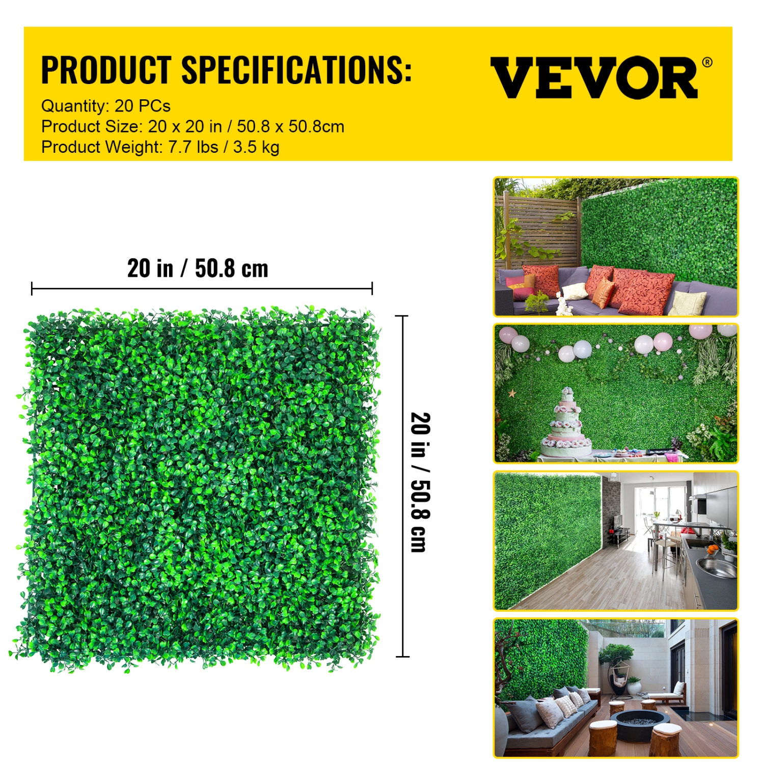 VEVOR 20 PCS Artificial Boxwood Panels, 20"x20" Boxwood Hedge Wall Panels, PE Artificial Grass Backdrop Wall 1.6, Privacy Hedge Screen for Decoration
