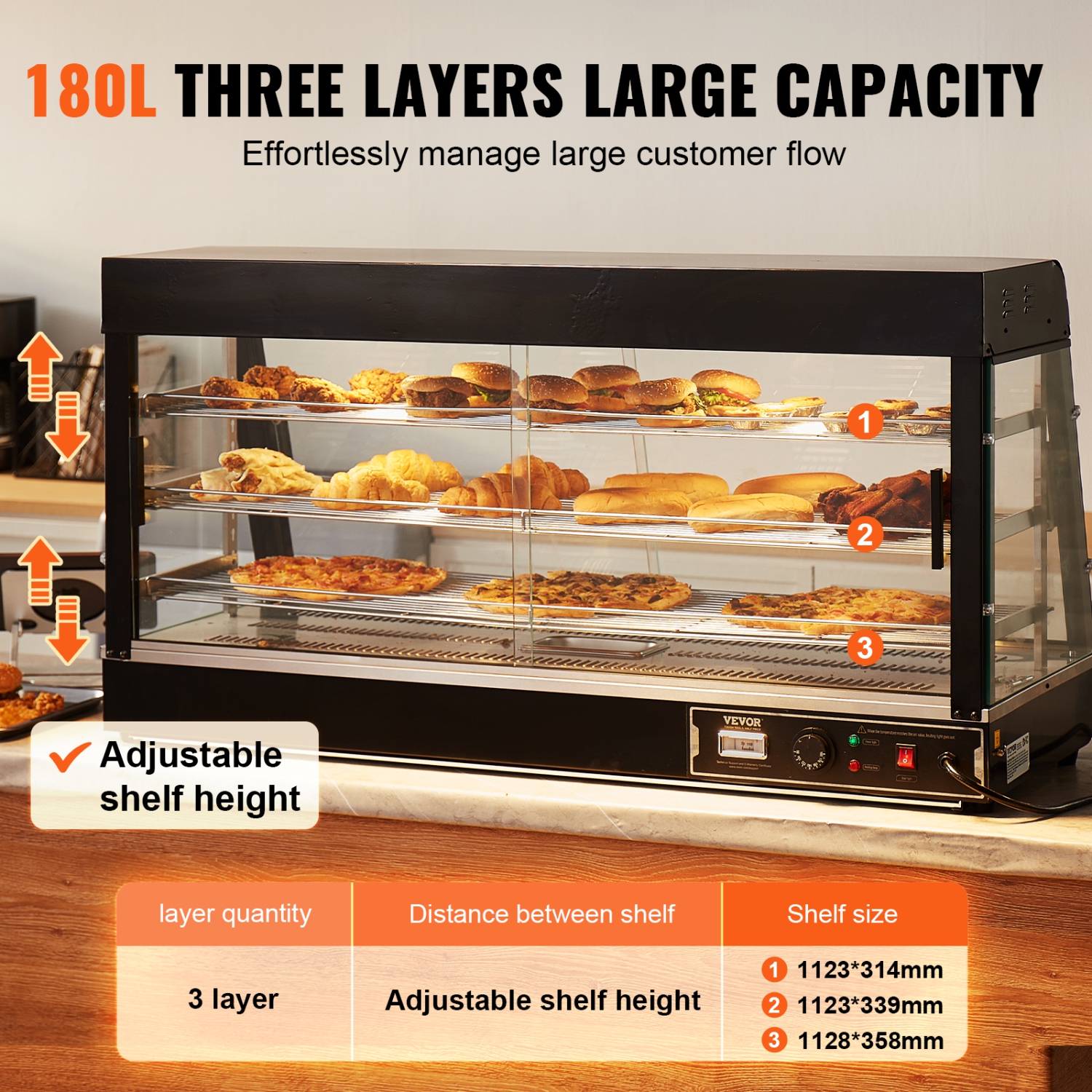 VEVOR 3-Tier Commercial Food Warmer Display, 1500W Food Display Warmer with Light, Adjustable Shelf and Temperature Display, 86℉~185℉ Steam Heating,
