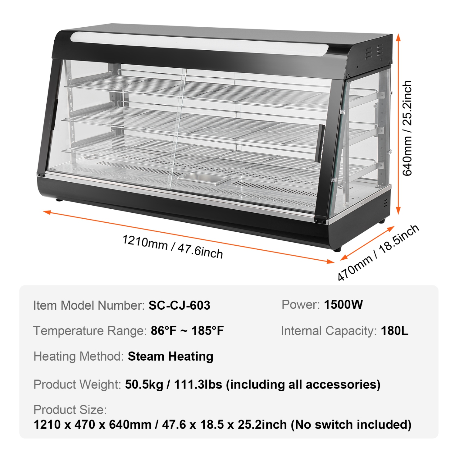 VEVOR 3-Tier Commercial Food Warmer Display, 1500W Food Display Warmer with Light, Adjustable Shelf and Temperature Display, 86℉~185℉ Steam Heating,