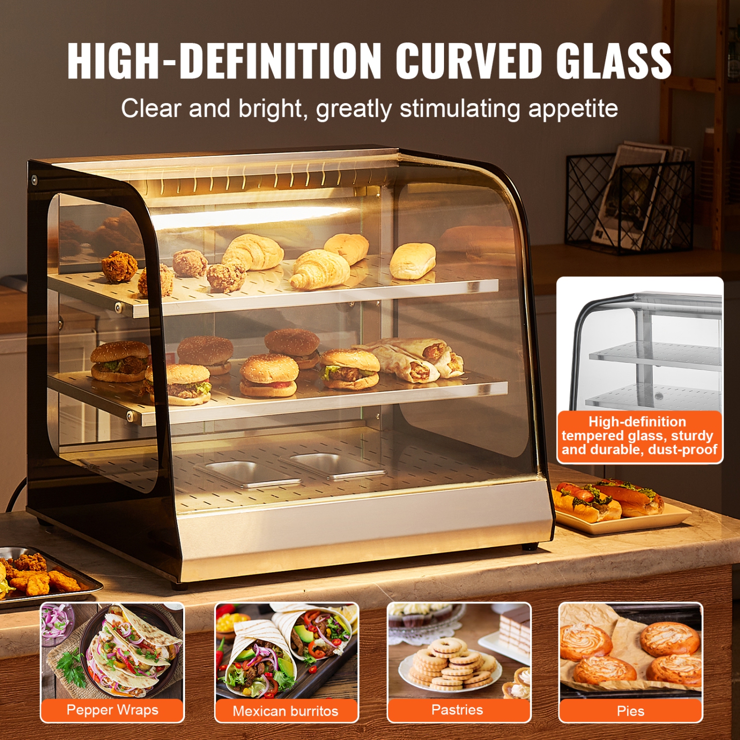 VEVOR 2-Tier Commercial Food Warmer Display, 850W Food Display Warmer w/ Tempered Glass and Steam Heating, 86℉~185℉ Temperature Control, 111L Large