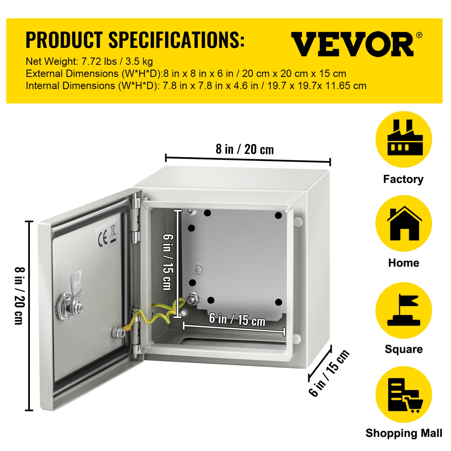 Boîtier métallique VEVOR 8x8x6&nbsp;po NEMA, boîtier électrique métallique NEMA 4X, IP66 résistant à l'eau et à la poussière, adapté aux connexions