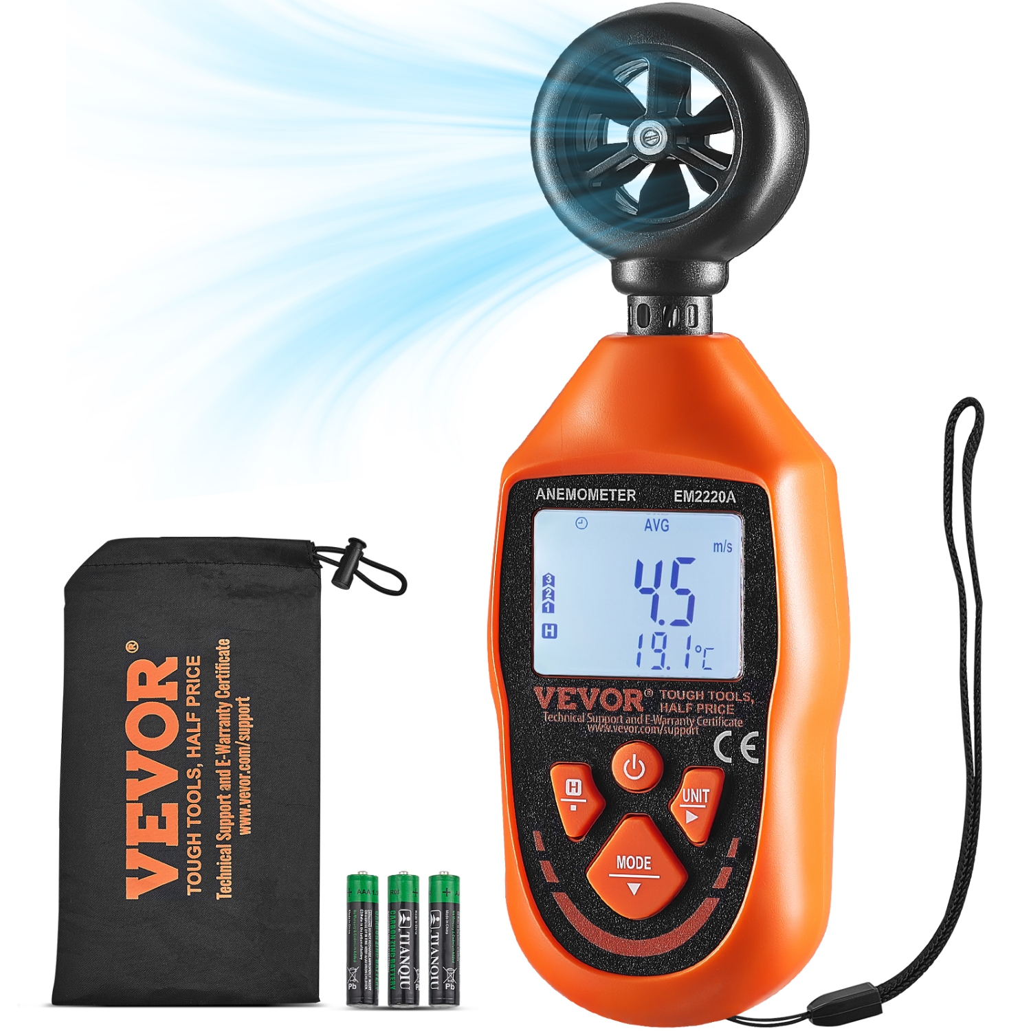 VEVOR 14℉-113℉ Temperature Range， Anemometer,with LED Backlit Display, Captures Wind Speed, Temperature, Air Volume, and Chill Factor, Ideal for