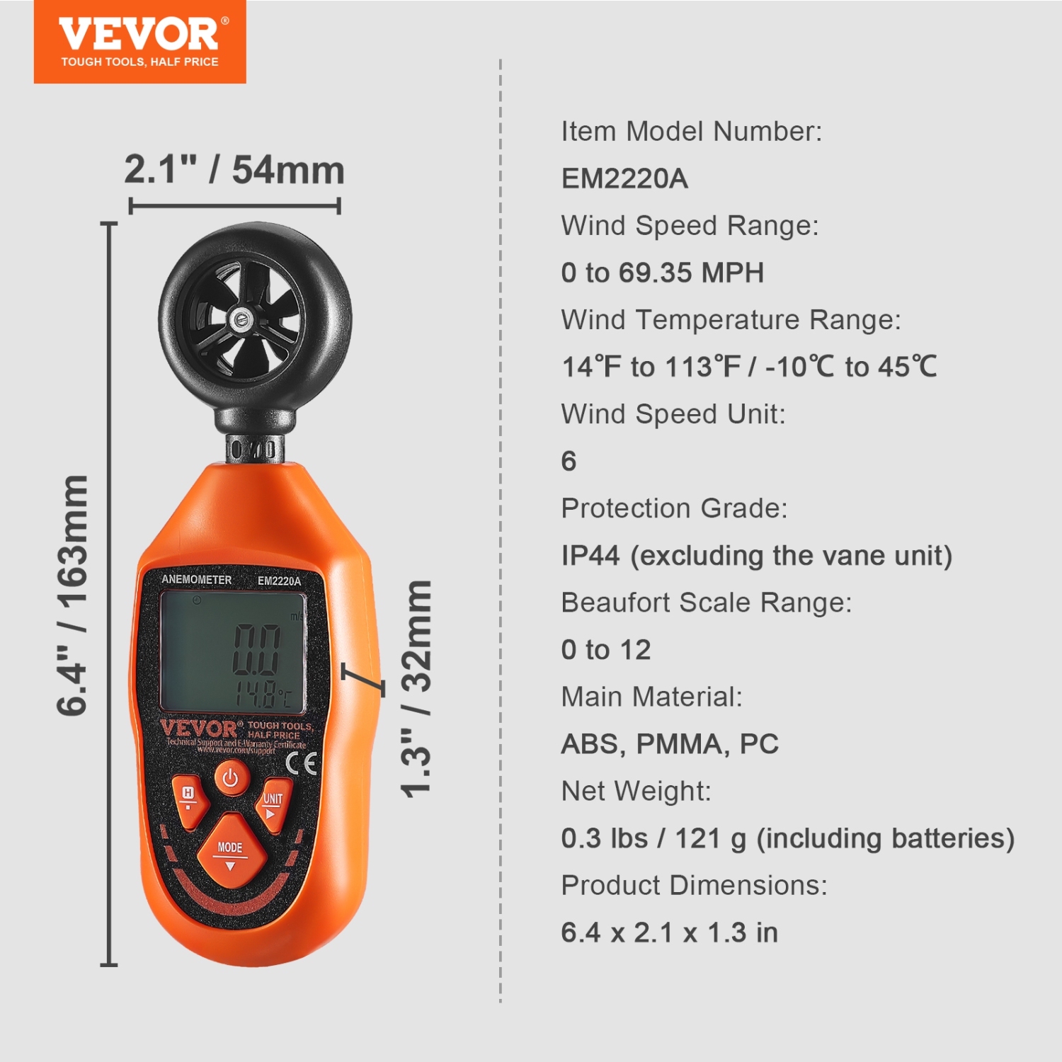 VEVOR 14℉-113℉ Temperature Range， Anemometer,with LED Backlit Display, Captures Wind Speed, Temperature, Air Volume, and Chill Factor, Ideal for