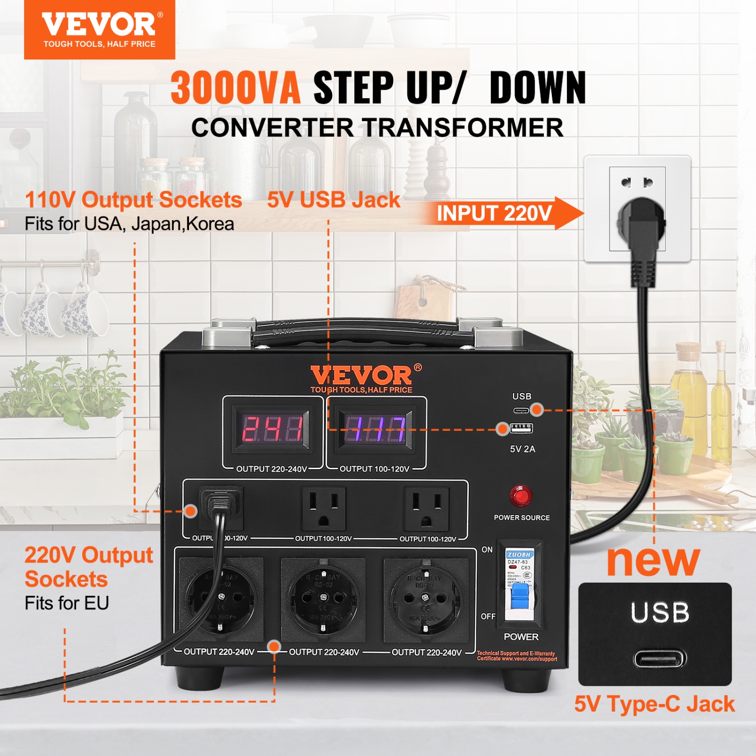 VEVOR 3000W, Power Converter, Durable Step Up/Down Unit, Switches between 110V and 220V, Includes US and EU Outlets plus 5V USB, CE Approved