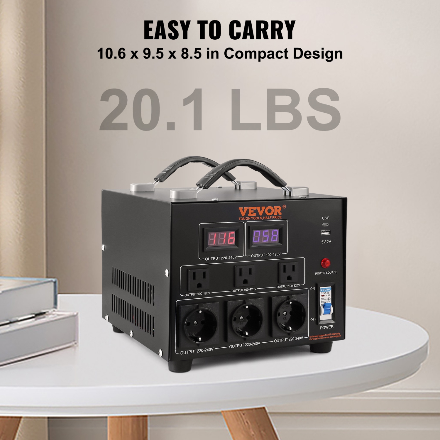 VEVOR 3000W, Power Converter, Durable Step Up/Down Unit, Switches between 110V and 220V, Includes US and EU Outlets plus 5V USB, CE Approved