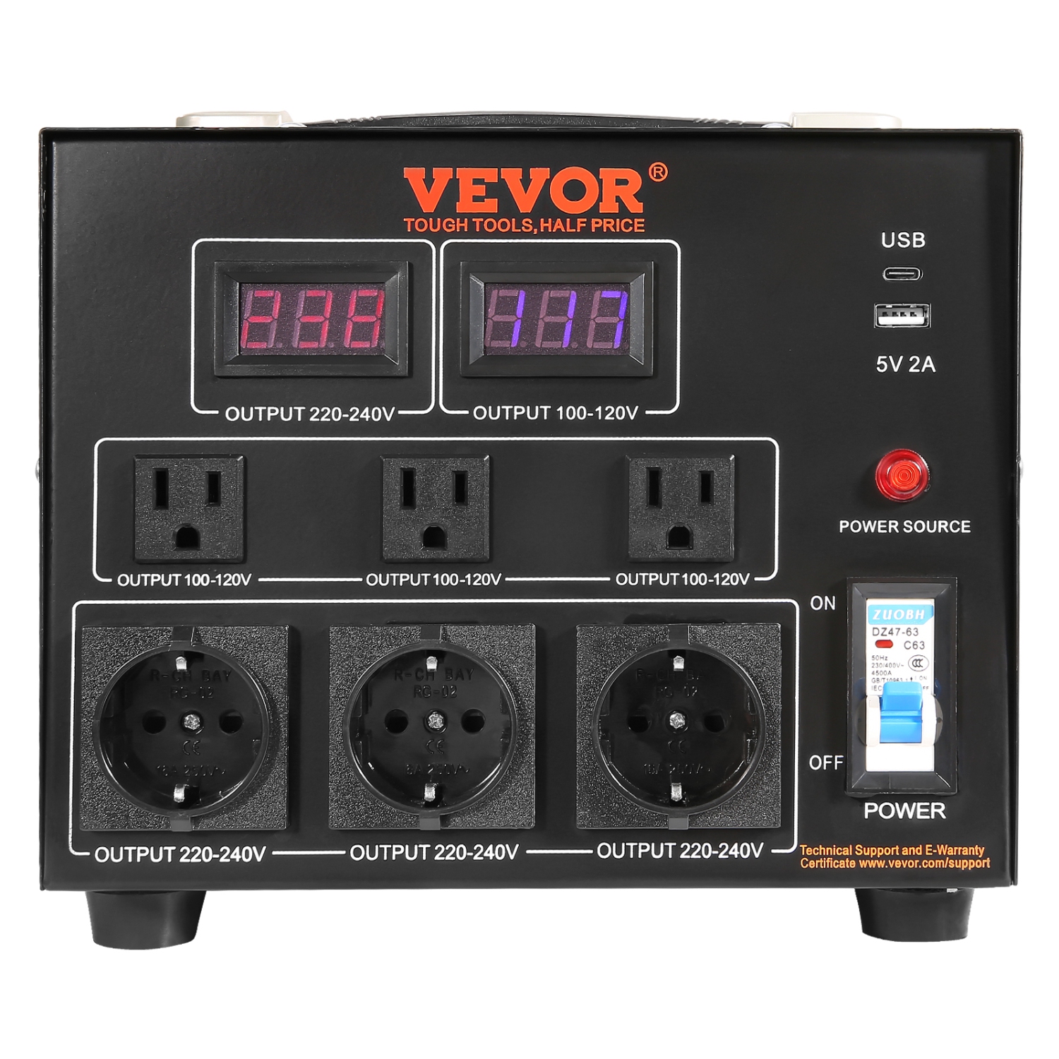 VEVOR 3000W, Power Converter, Durable Step Up/Down Unit, Switches between 110V and 220V, Includes US and EU Outlets plus 5V USB, CE Approved