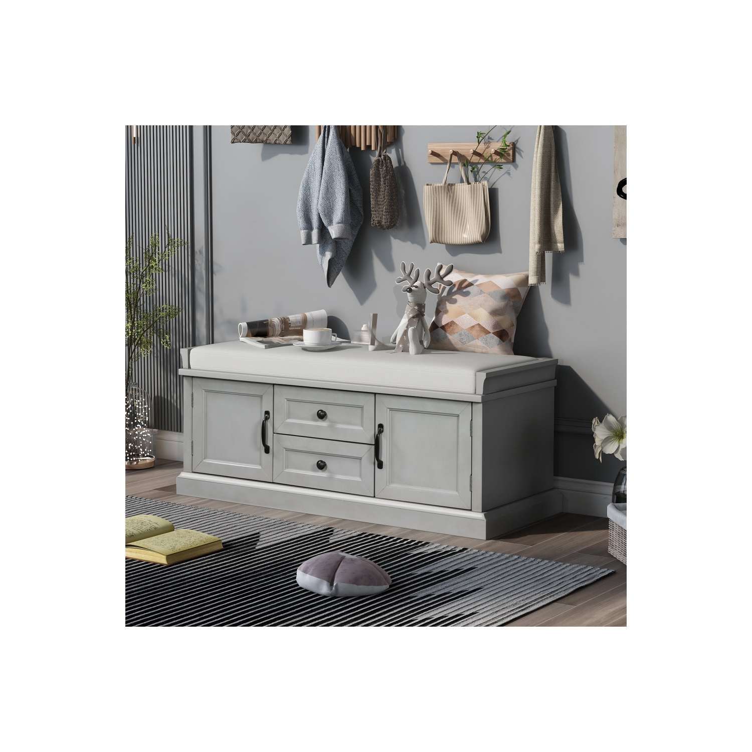 YOULIGHTS Storage Bench with Adjustable Shelves and 4 Doors, Shoe Bench with Removable Cushion for Entryway Hallway Foyer Living Room Bedroom, Shoe