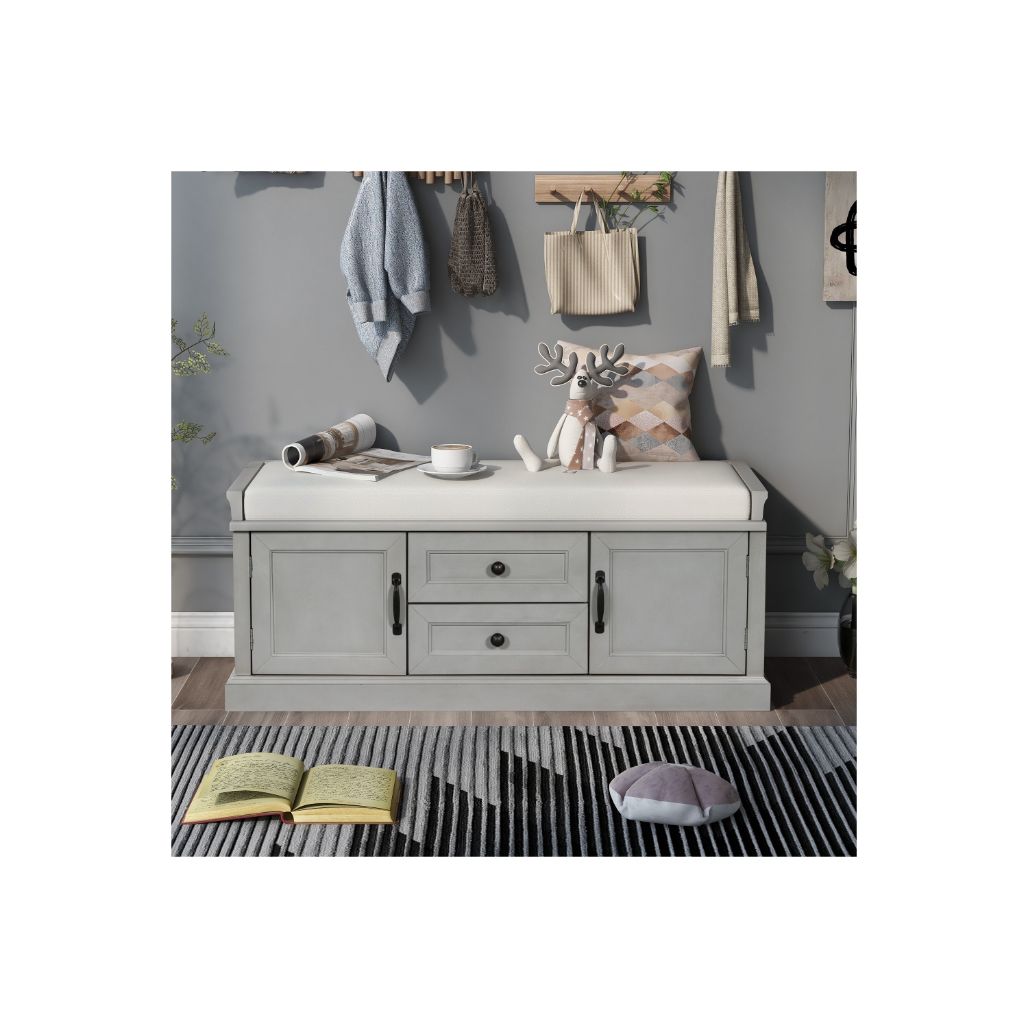 YOULIGHTS Storage Bench with Adjustable Shelves and 4 Doors, Shoe Bench with Removable Cushion for Entryway Hallway Foyer Living Room Bedroom, Shoe