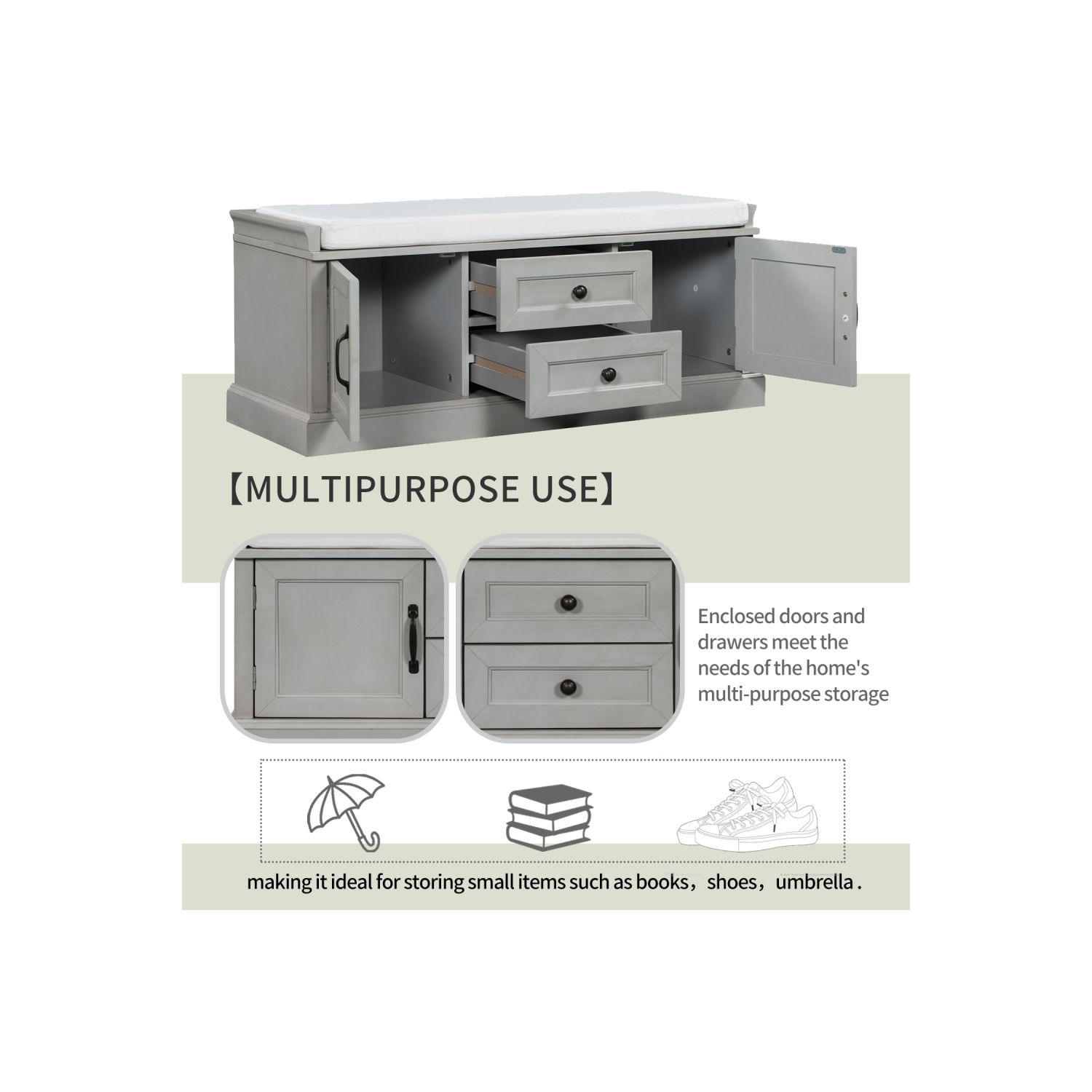 YOULIGHTS Storage Bench with Adjustable Shelves and 4 Doors, Shoe Bench with Removable Cushion for Entryway Hallway Foyer Living Room Bedroom, Shoe