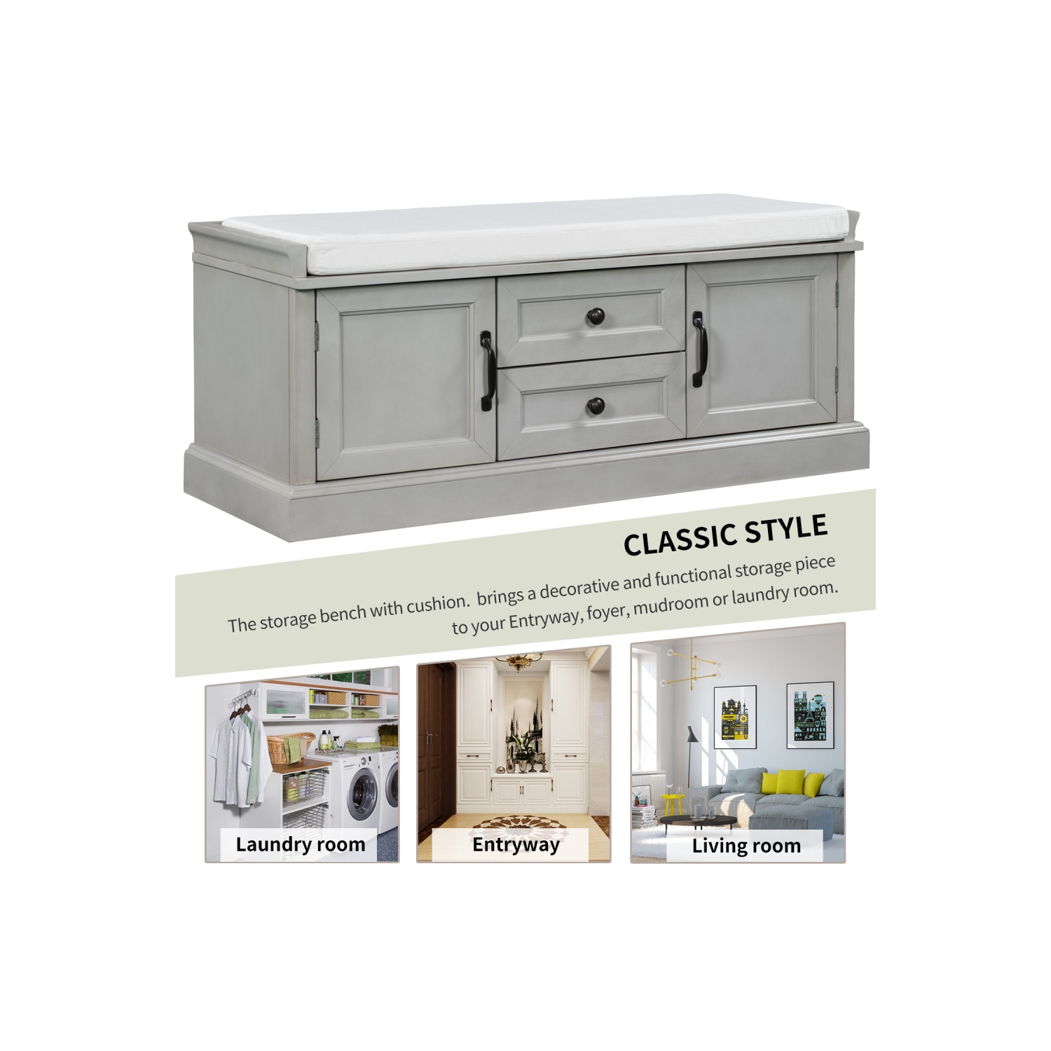 YOULIGHTS Storage Bench with Adjustable Shelves and 4 Doors, Shoe Bench with Removable Cushion for Entryway Hallway Foyer Living Room Bedroom, Shoe