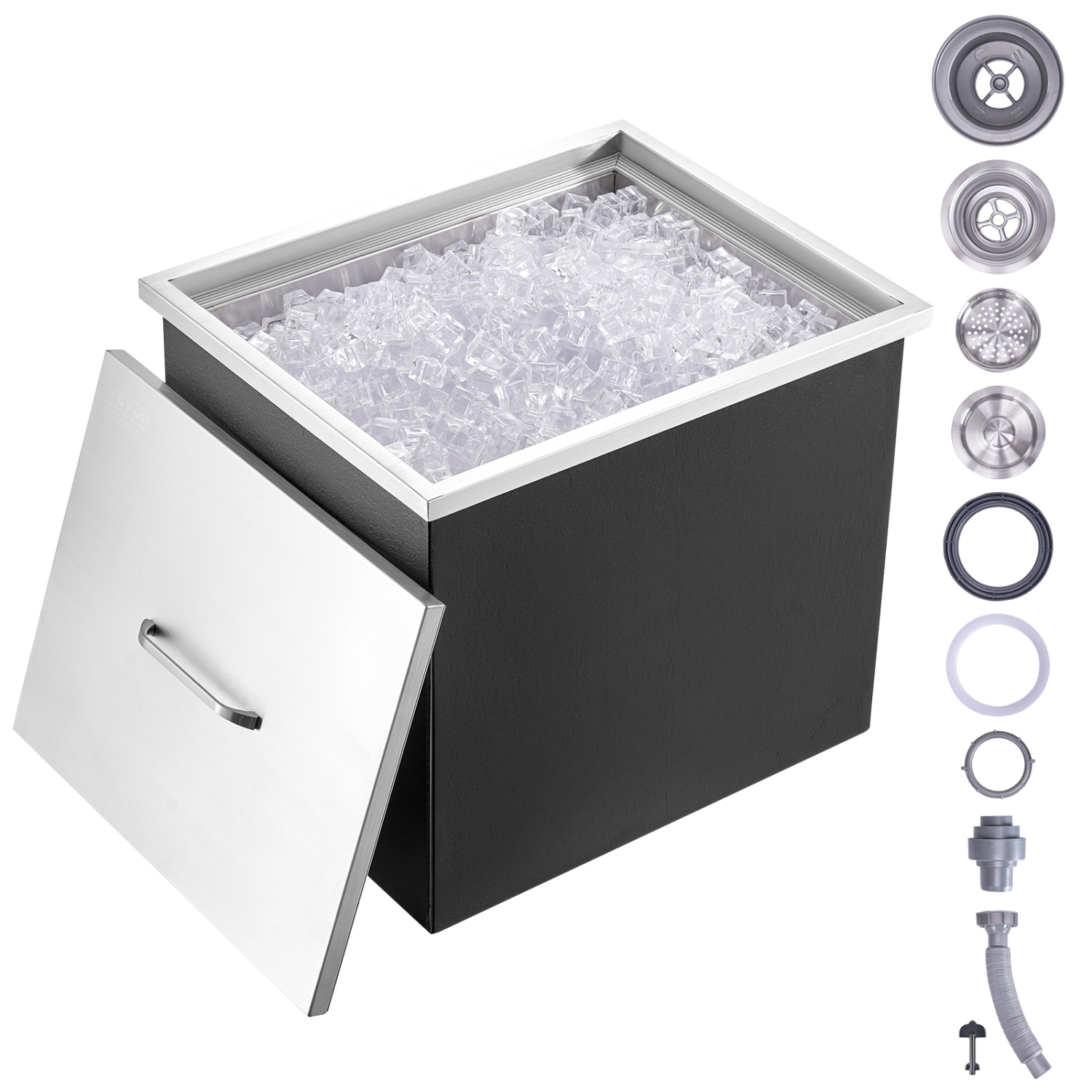 VEVOR 21"L x 17"W x 18"H Drop in Ice Chest, Stainless Steel Ice Cooler, Commercial Ice Bin with Cover, 40 qt Outdoor Kitchen Ice Bar, Drain-pipe and