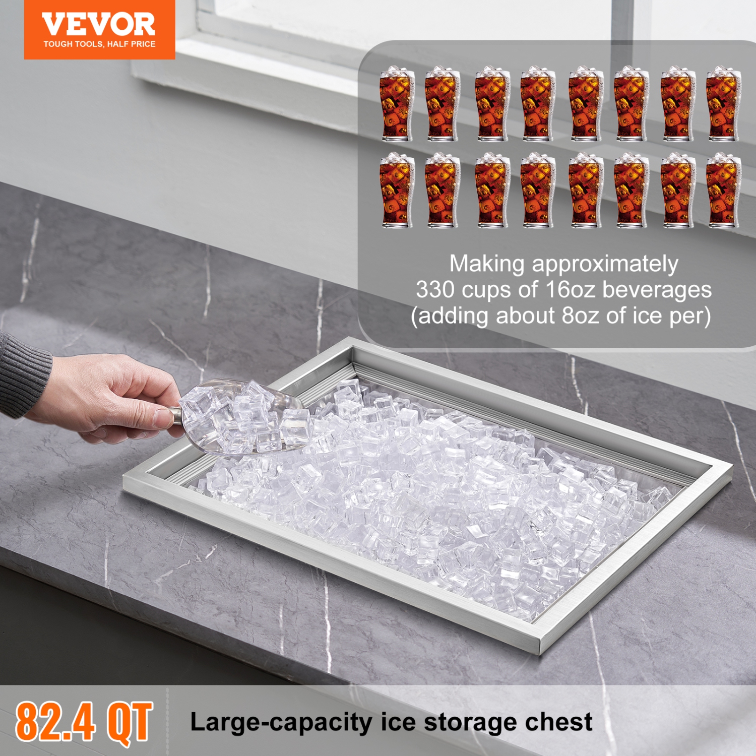 VEVOR 21"L x 17"W x 18"H Drop in Ice Chest, Stainless Steel Ice Cooler, Commercial Ice Bin with Cover, 40 qt Outdoor Kitchen Ice Bar, Drain-pipe and