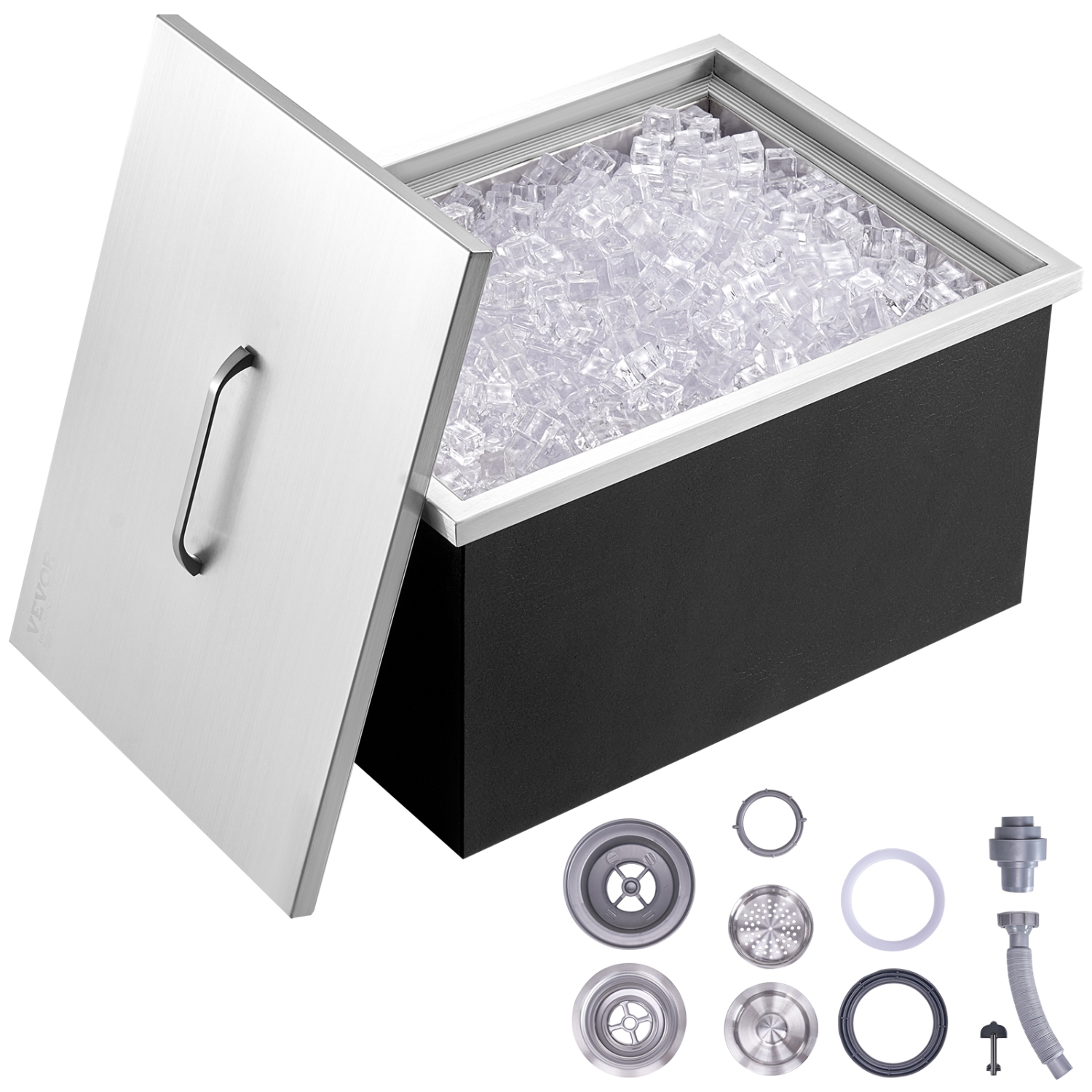 VEVOR 20"L x 14"W x 12"H Drop in Ice Chest, Stainless Steel Ice Cooler, Commercial Ice Bin with Cover, 40 qt Outdoor Kitchen Ice Bar, Drain-pipe and
