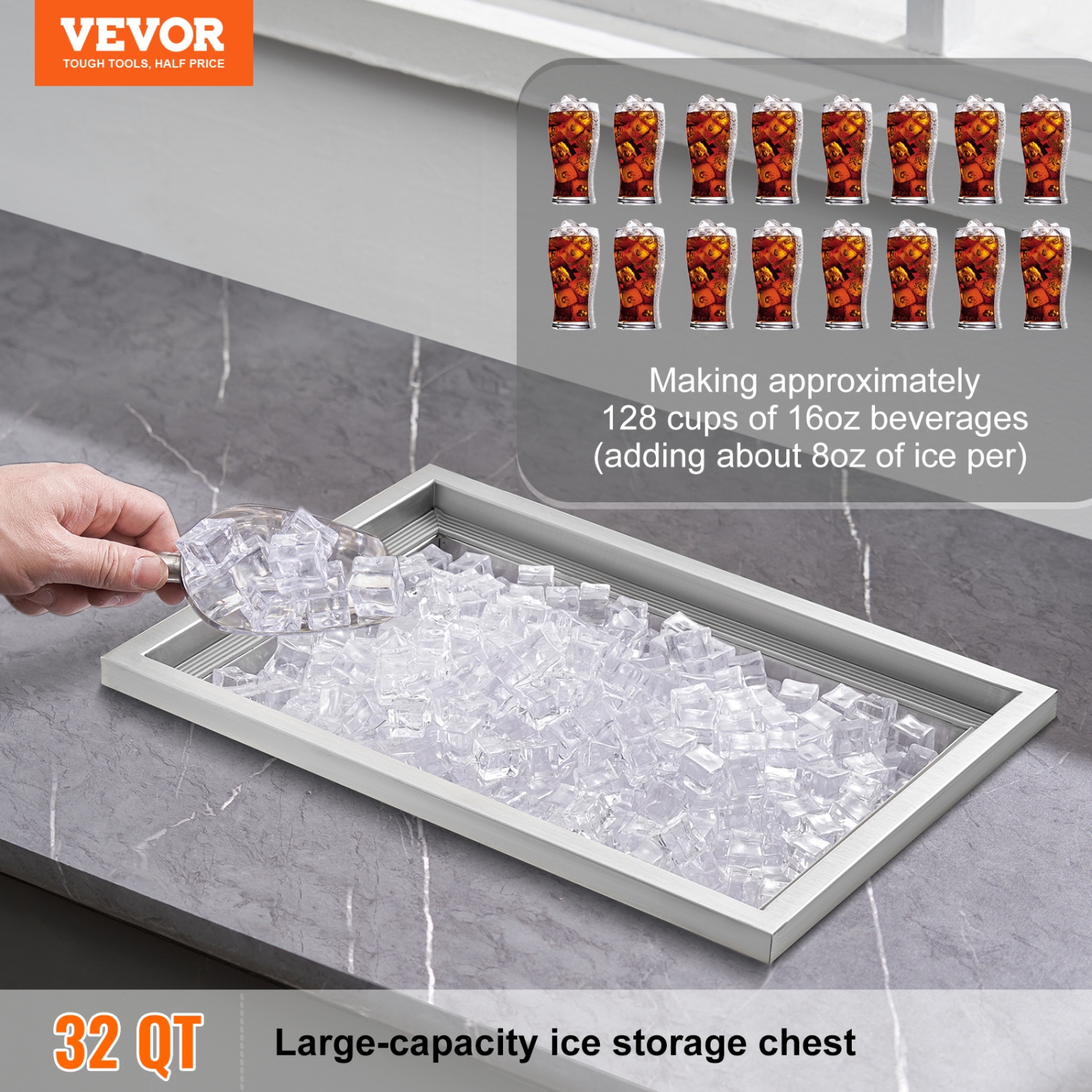 VEVOR 20"L x 14"W x 12"H Drop in Ice Chest, Stainless Steel Ice Cooler, Commercial Ice Bin with Cover, 40 qt Outdoor Kitchen Ice Bar, Drain-pipe and