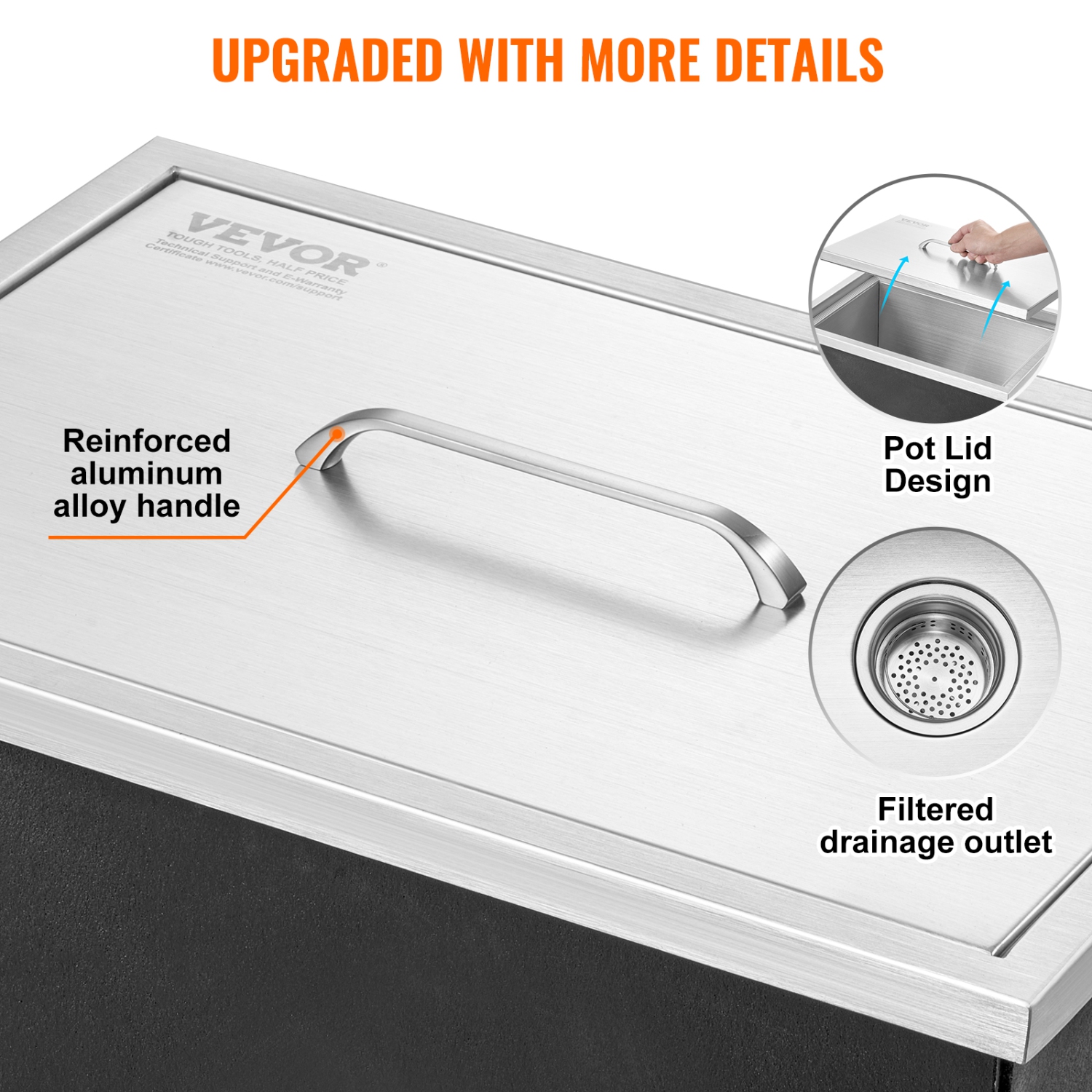 VEVOR 20"L x 14"W x 12"H Drop in Ice Chest, Stainless Steel Ice Cooler, Commercial Ice Bin with Cover, 40 qt Outdoor Kitchen Ice Bar, Drain-pipe and