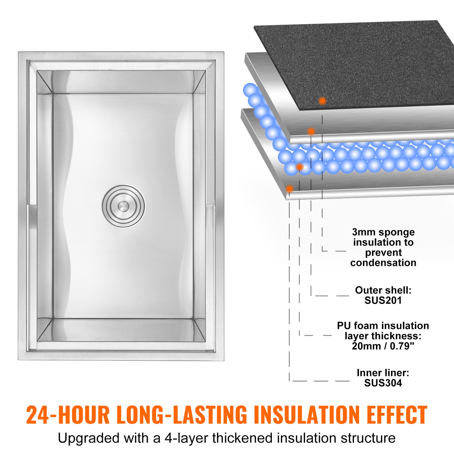 VEVOR 27"L x 18"W x 21"H Drop in Ice Chest, Stainless Steel Ice Cooler, Commercial Ice Bin with Sliding Cover, 40.9 qt Outdoor Kitchen Ice Bar,