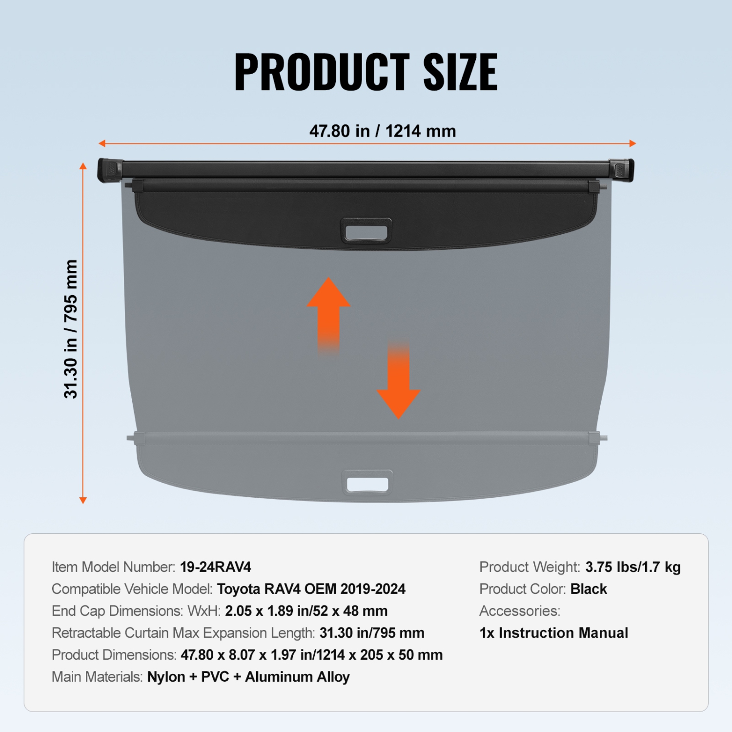 VEVOR Retractable Cargo Cover for Toyota, Upgraded Waterproof Trunk Cover Security Shield Shade for Toyota RAV4 2019-2024, UV Resistant Rear Trunk