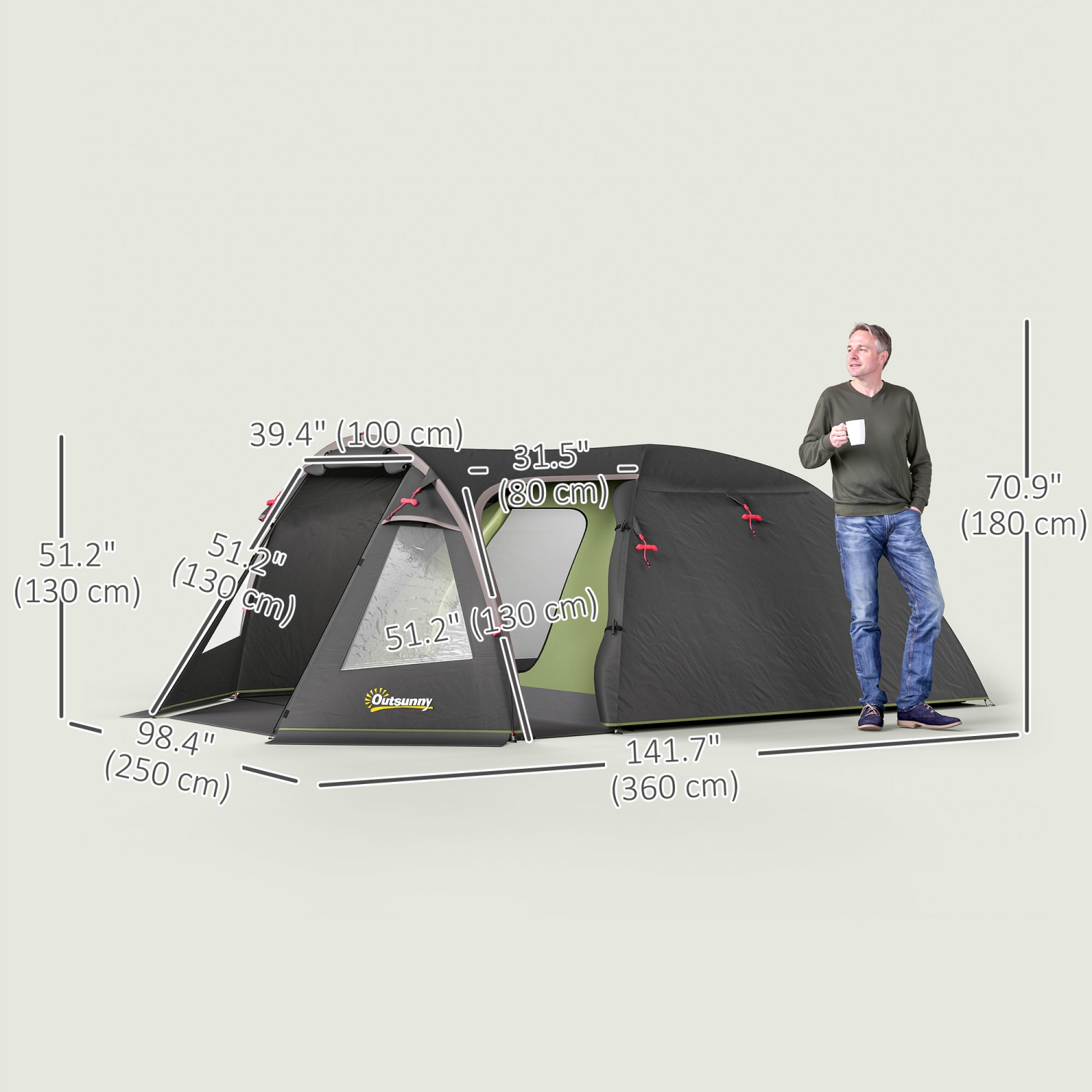 Outsunny 2-4 Man Camping Tent, 3000mm Waterproof Tunnel Tent with 2 Rooms, Sewn-in Groundsheet, 3 Doors and Hook, Portable with Carry Bag for Fishing