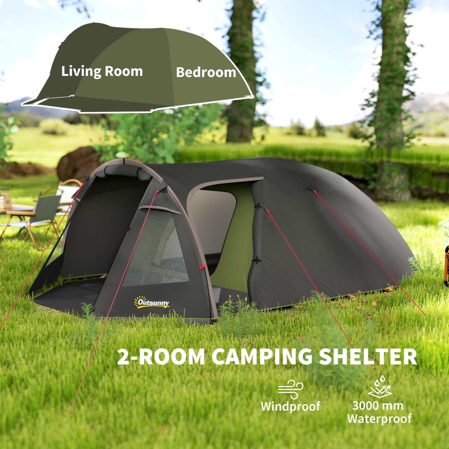Outsunny 2-4 Man Camping Tent, 3000mm Waterproof Tunnel Tent with 2 Rooms, Sewn-in Groundsheet, 3 Doors and Hook, Portable with Carry Bag for Fishing