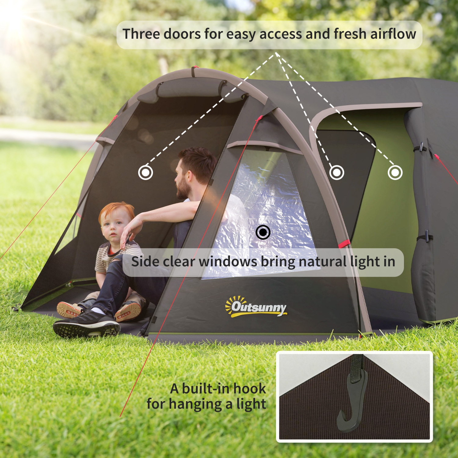 Outsunny 2-4 Man Camping Tent, 3000mm Waterproof Tunnel Tent with 2 Rooms, Sewn-in Groundsheet, 3 Doors and Hook, Portable with Carry Bag for Fishing