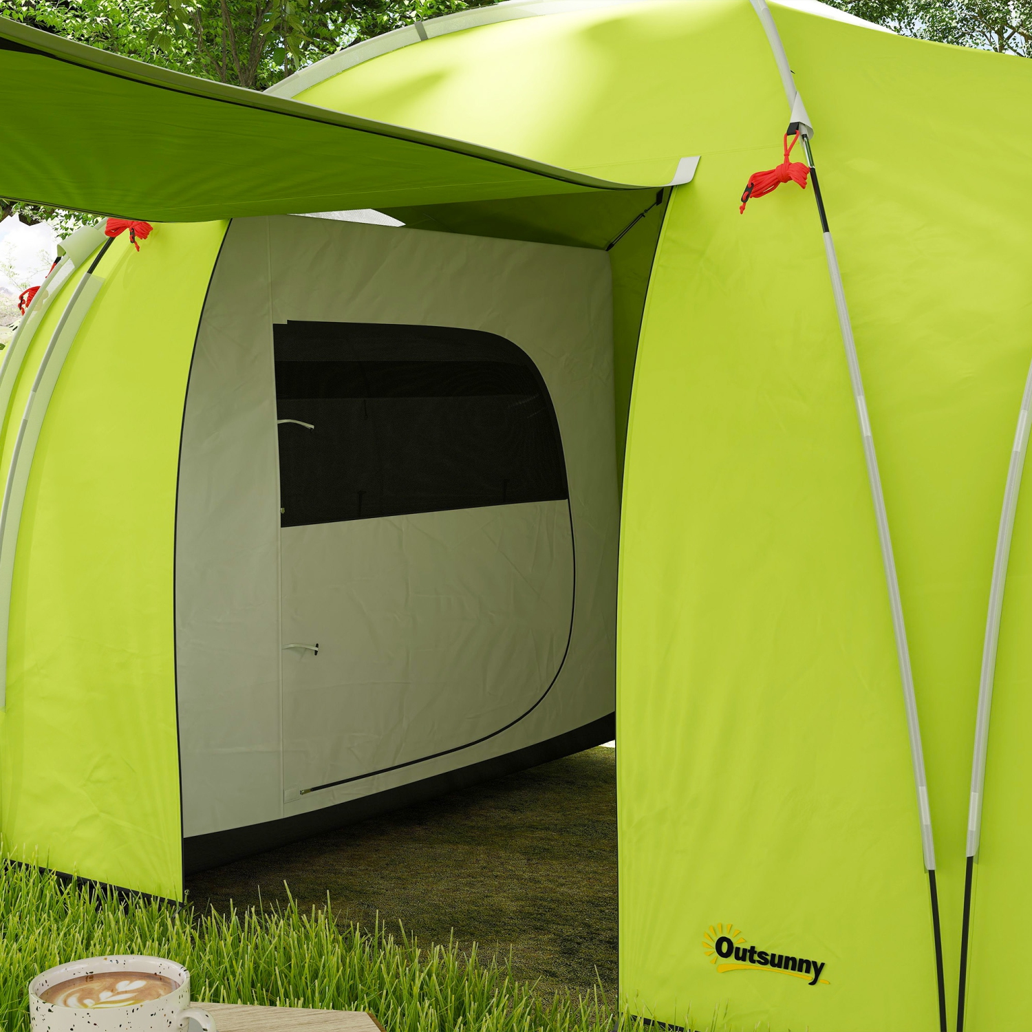 Outsunny 4-6 Person Camping Tent, 2000mm Waterproof Tunnel Tent with 2 Bedrooms, Living Area, Vestibule, Lamp Hook and 4 Doors, Portable with Carry