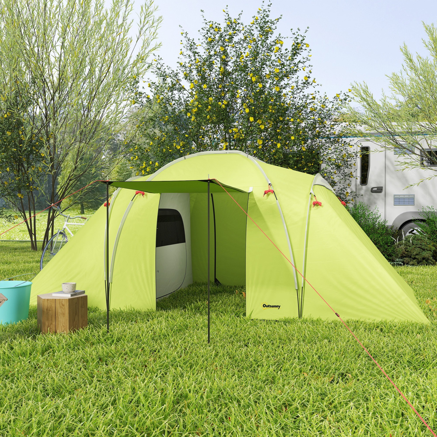 Outsunny 4-6 Person Camping Tent, 2000mm Waterproof Tunnel Tent with 2 Bedrooms, Living Area, Vestibule, Lamp Hook and 4 Doors, Portable with Carry