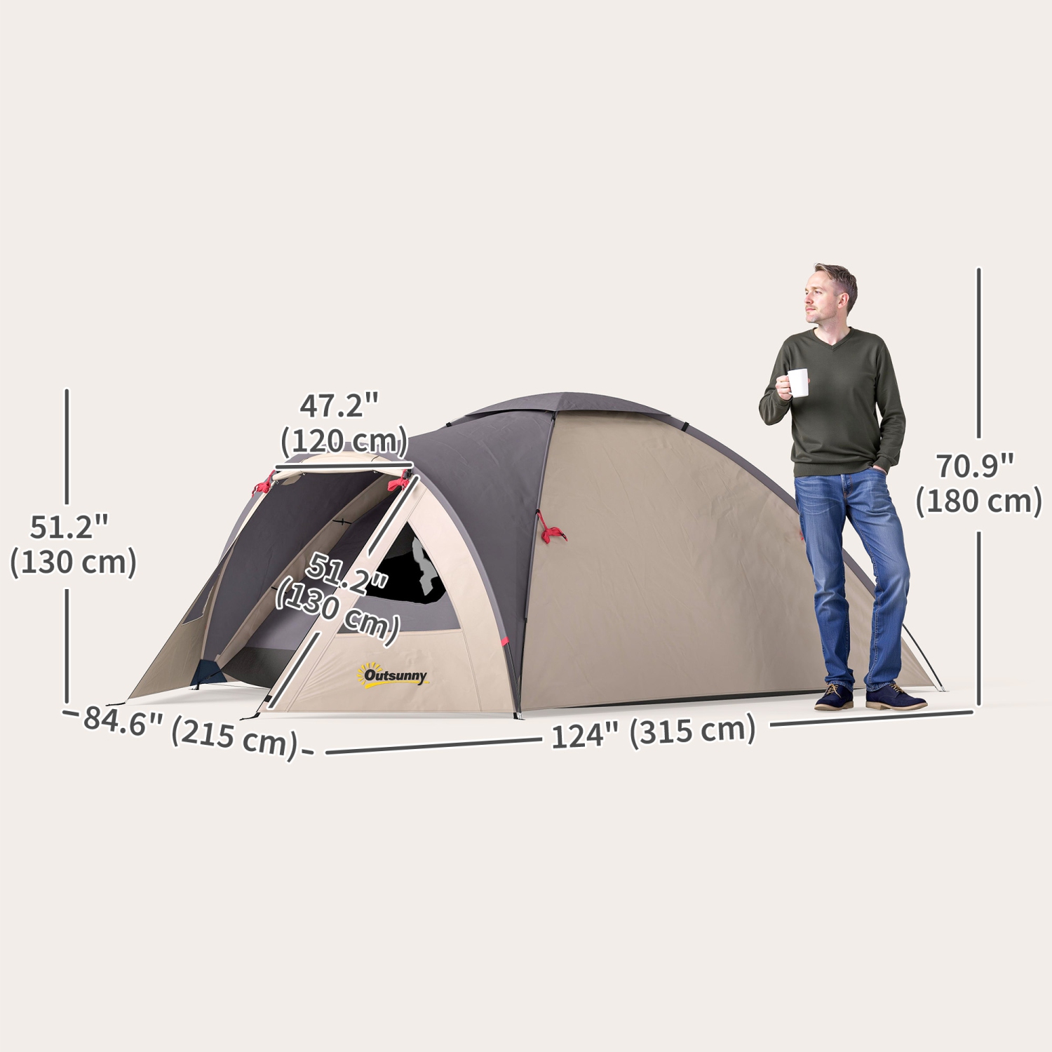 Outsunny 2 Person Camping Tent, 3000mm Waterproof Family Dome Tent with Bedroom, Porch, Sewn-in Groundsheet and Hook, Portable and Lightweight for