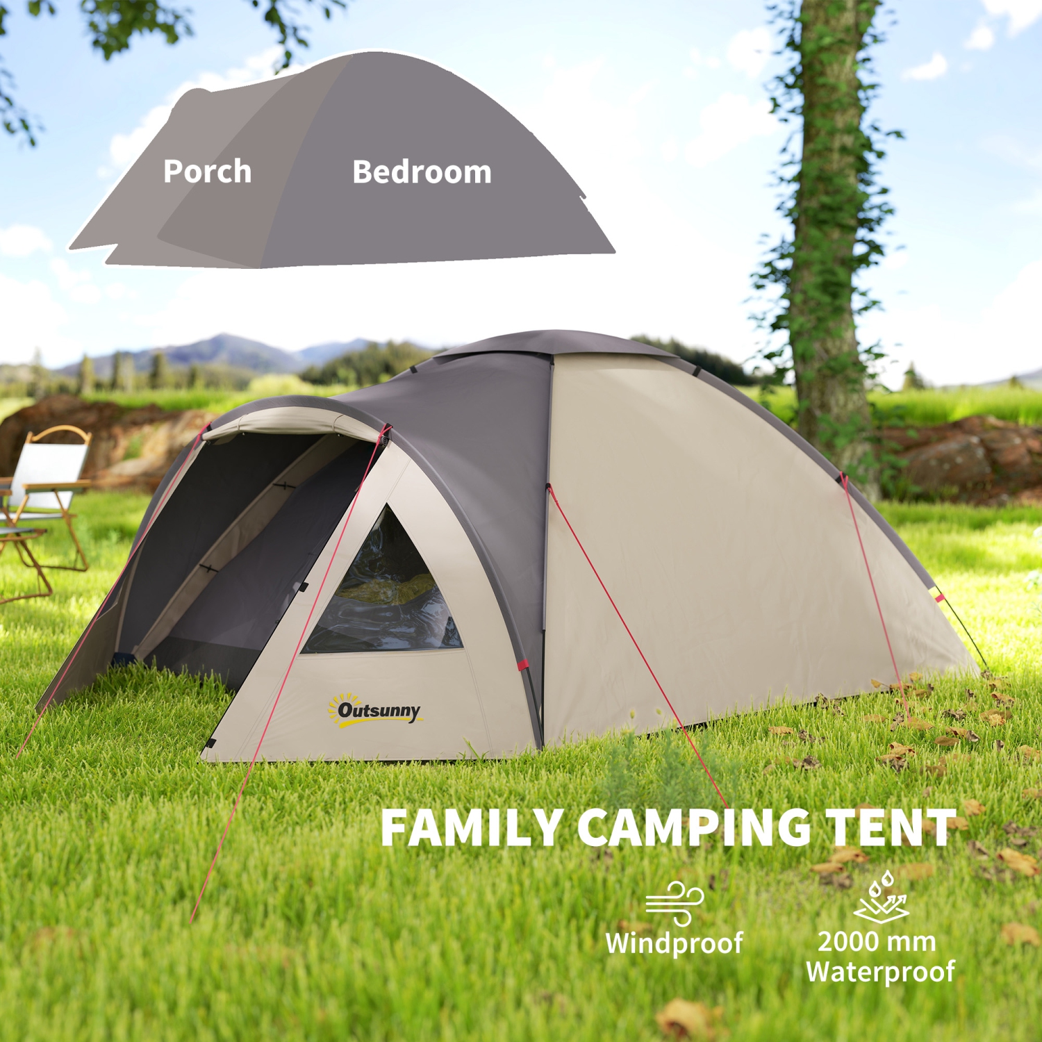 Outsunny 2 Person Camping Tent, 3000mm Waterproof Family Dome Tent with Bedroom, Porch, Sewn-in Groundsheet and Hook, Portable and Lightweight for
