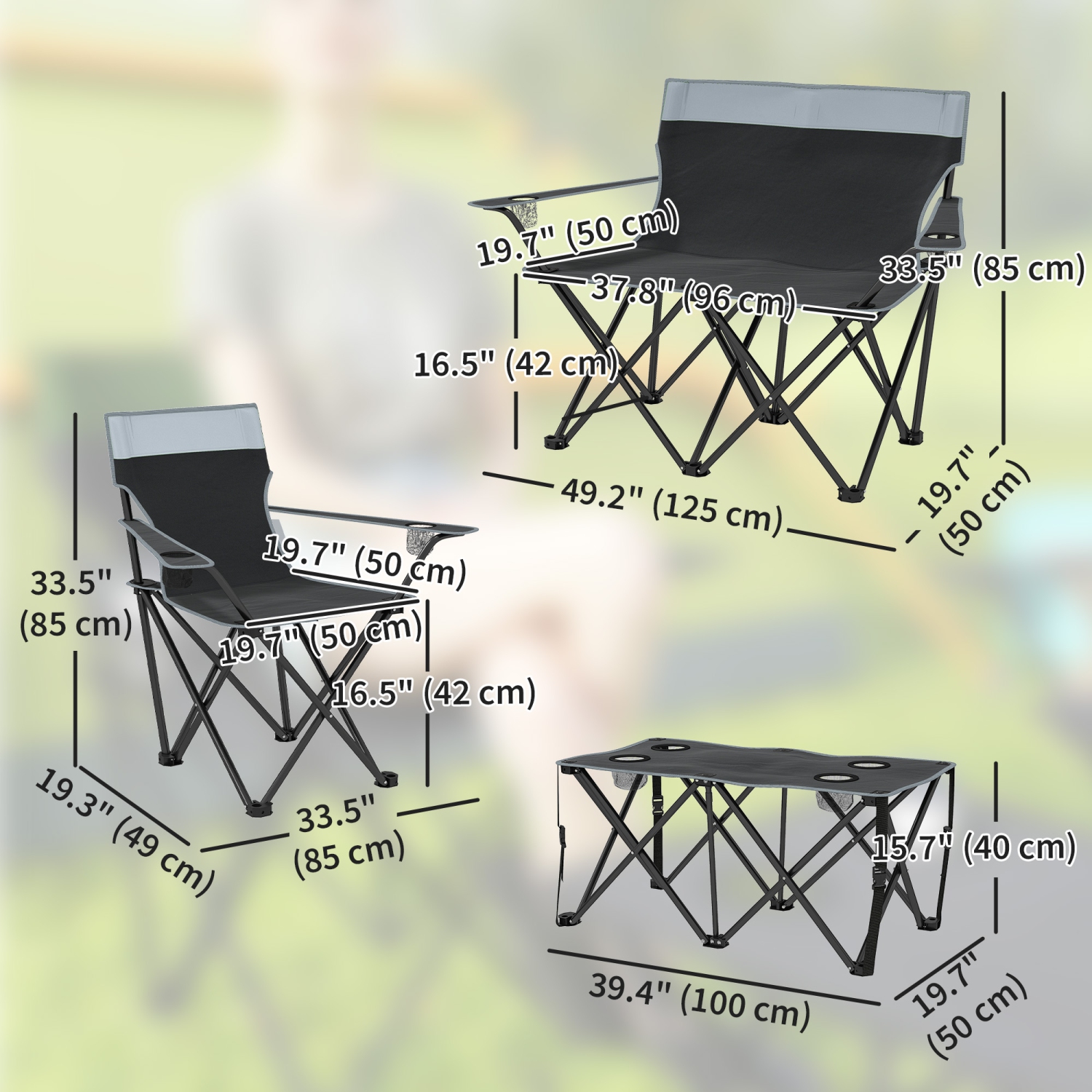 Outsunny 4 Piece Portable Camping Table and Chairs, Folding Picnic Table with Camping Chairs Set of 4, Outdoor Lawn Chair Set with Table, Cup Holders