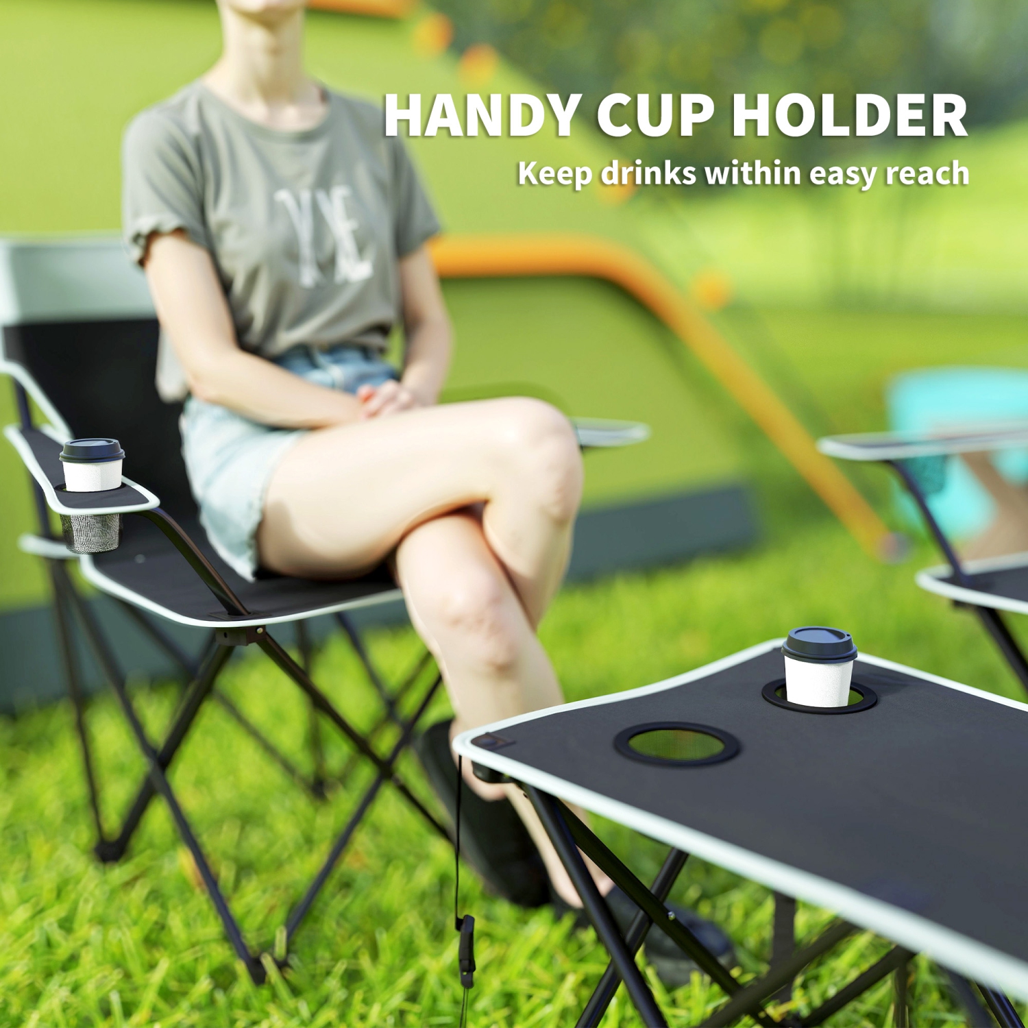 Outsunny 4 Piece Portable Camping Table and Chairs, Folding Picnic Table with Camping Chairs Set of 4, Outdoor Lawn Chair Set with Table, Cup Holders