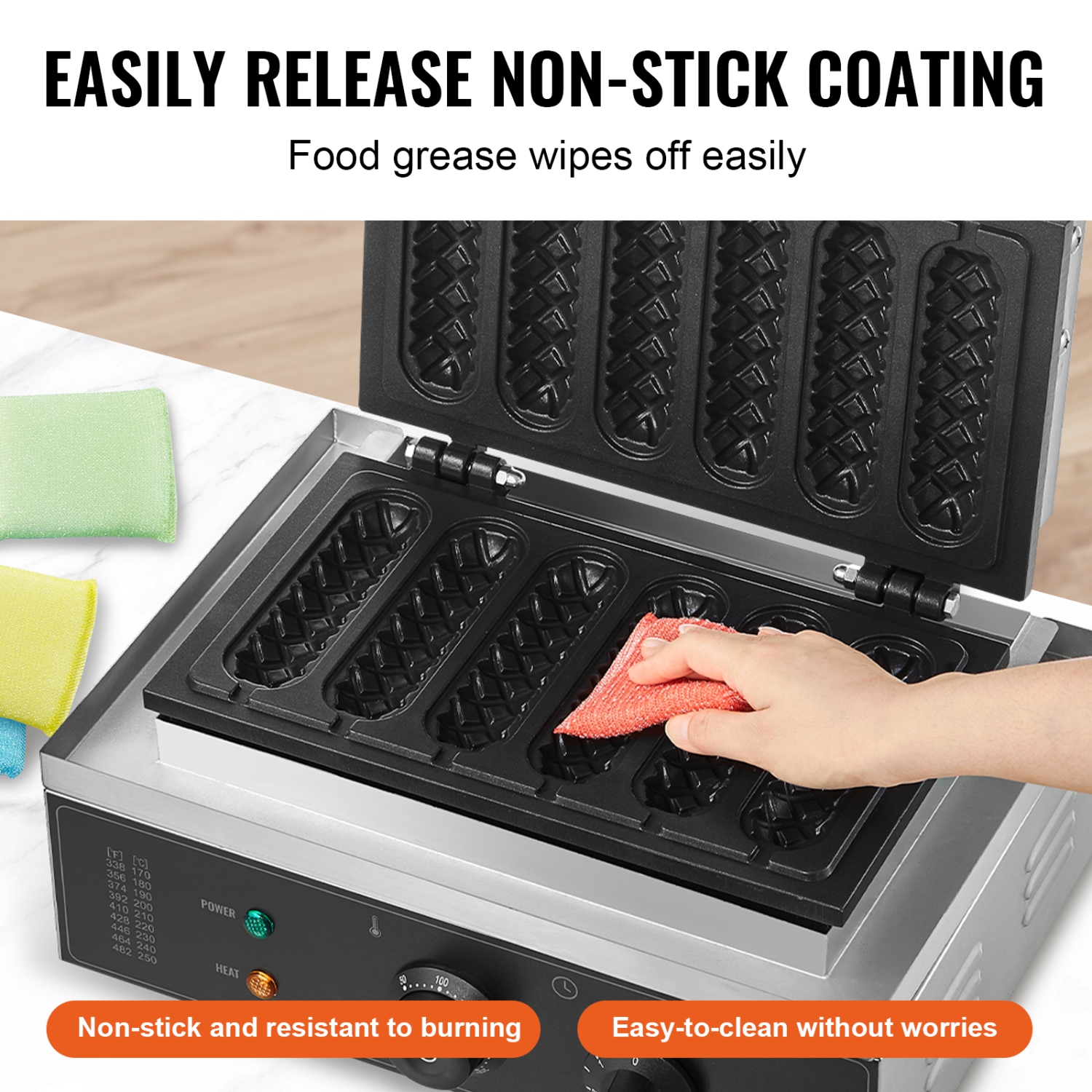 VEVOR 6PCS Commercial Waffle Stick Maker, 1500W Waffle Baker Machine, Non-Stick Stainless Steel Corn Hot Dog Waffle Iron with Temp and Time Control,