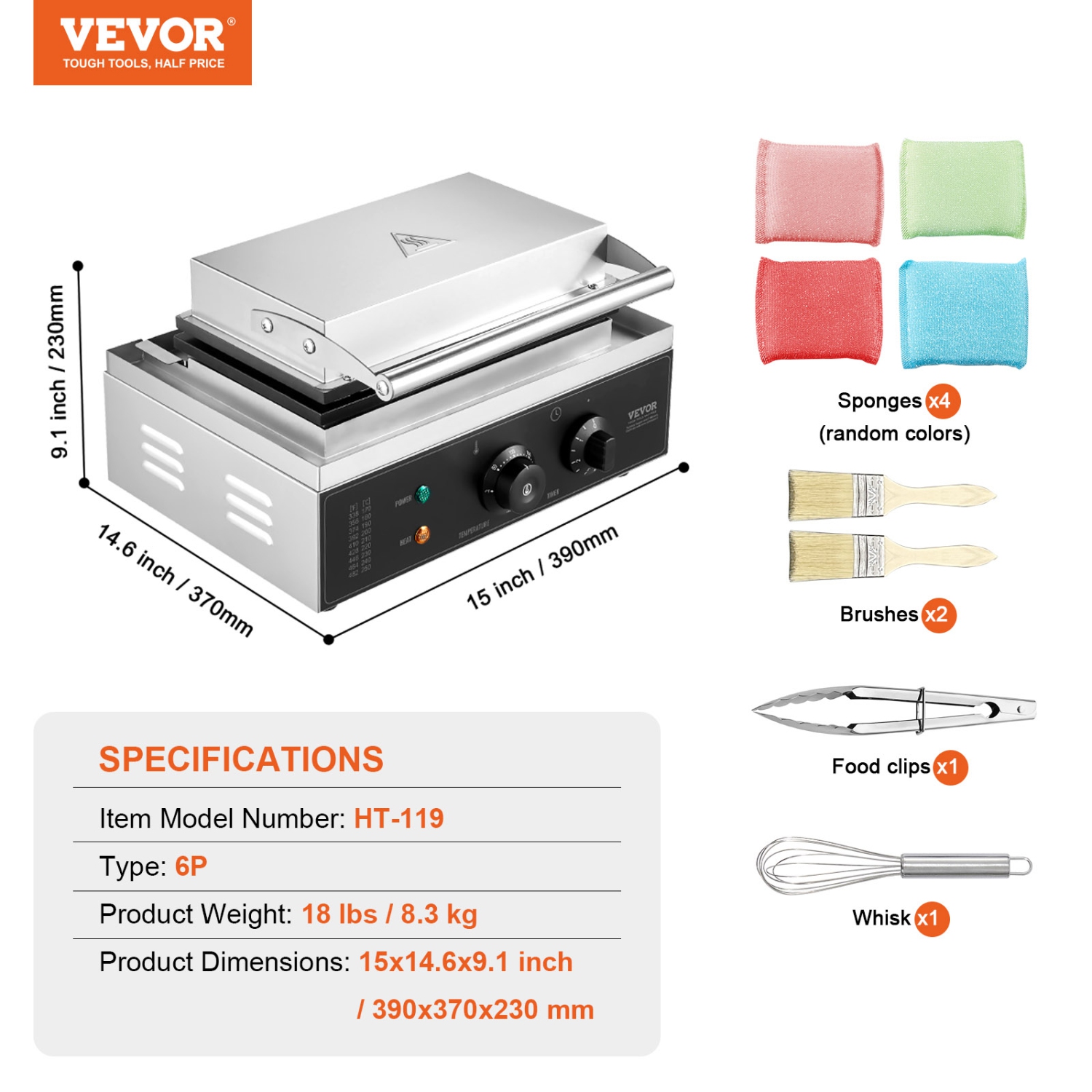 VEVOR 6PCS Commercial Waffle Stick Maker, 1500W Waffle Baker Machine, Non-Stick Stainless Steel Corn Hot Dog Waffle Iron with Temp and Time Control,