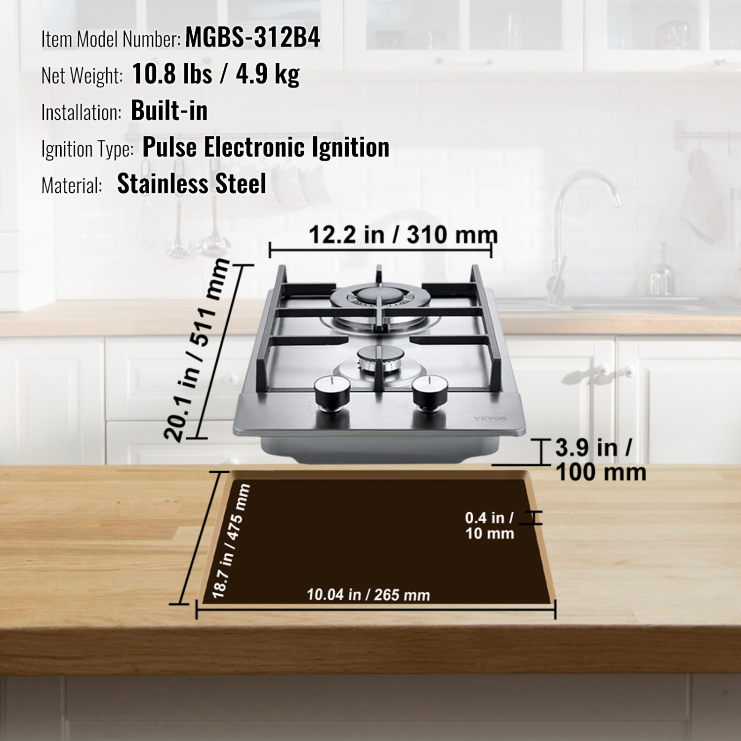 VEVOR 12 inch Gas Cooktop, Max 12250BTU 2 Burners Built-in Stainless Steel Gas Stove Top, LPG/NG Convertible Dual Fuel Natural Gas Hob with