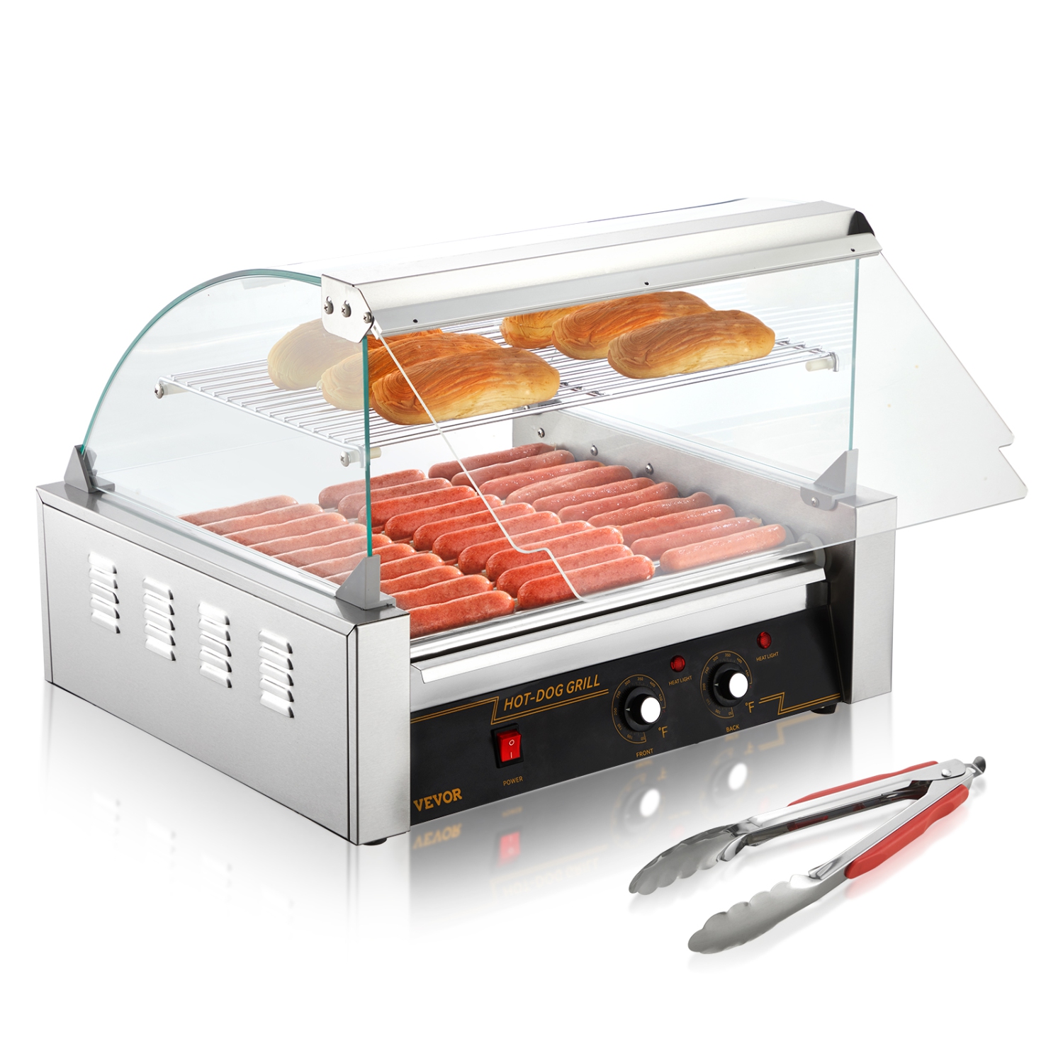VEVOR 11 Rollers Hot Dog Roller, 30 Hot Dogs Capacity, 1650W Stainless Sausage Grill Cooker Machine with Dual Temp Control Glass Hood Acrylic Cover