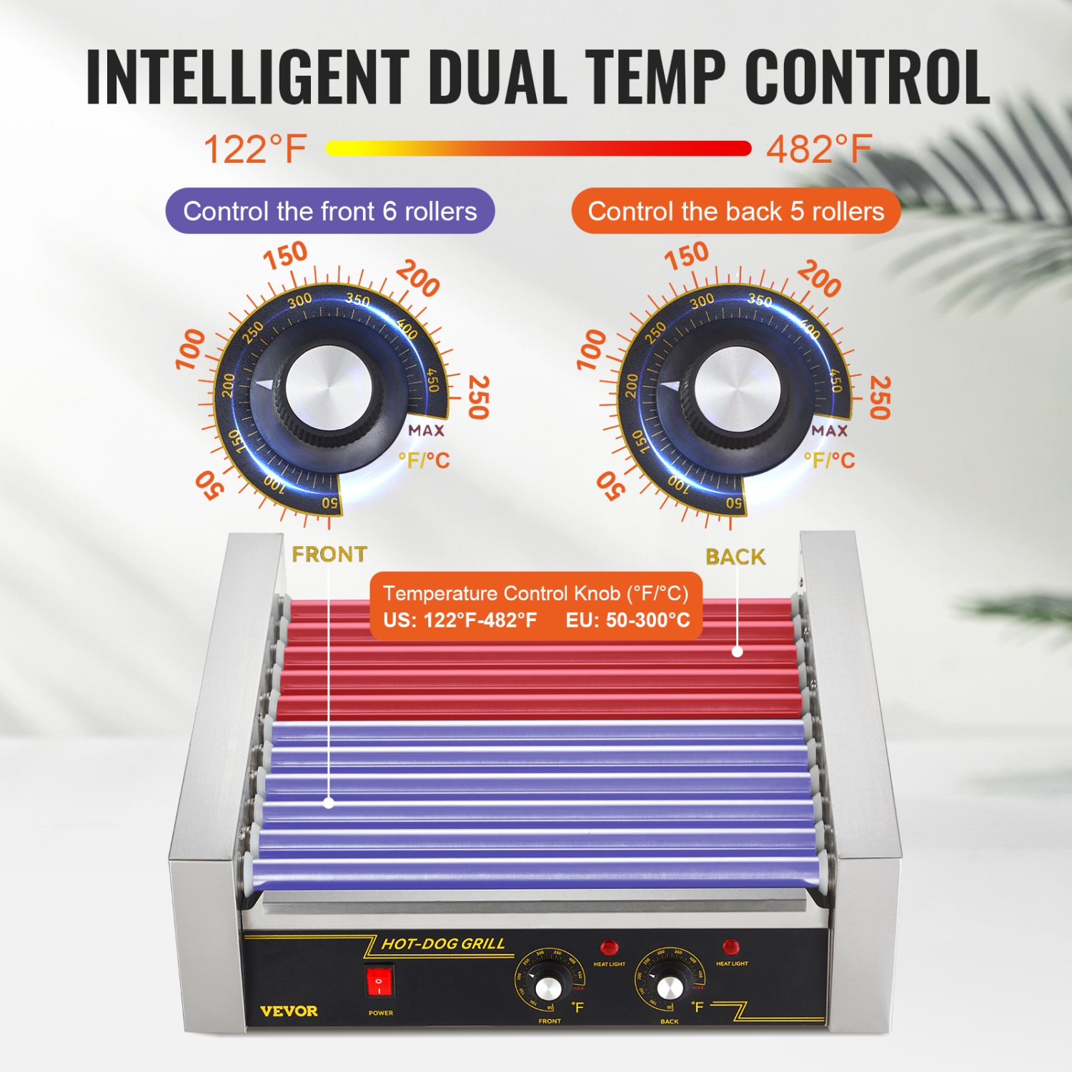 VEVOR 11 Rollers Hot Dog Roller, 30 Hot Dogs Capacity, 1650W Stainless Sausage Grill Cooker Machine with Dual Temp Control Glass Hood Acrylic Cover