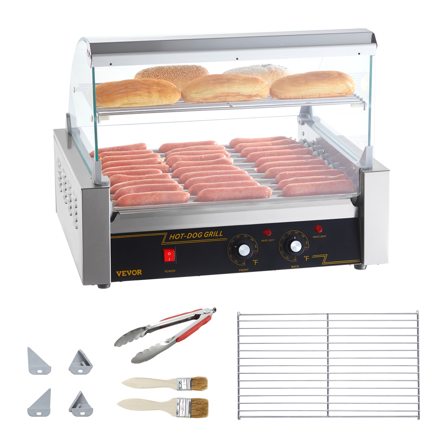 VEVOR 11 Rollers Hot Dog Roller, 30 Hot Dogs Capacity, 1650W Stainless Sausage Grill Cooker Machine with Dual Temp Control Glass Hood Acrylic Cover