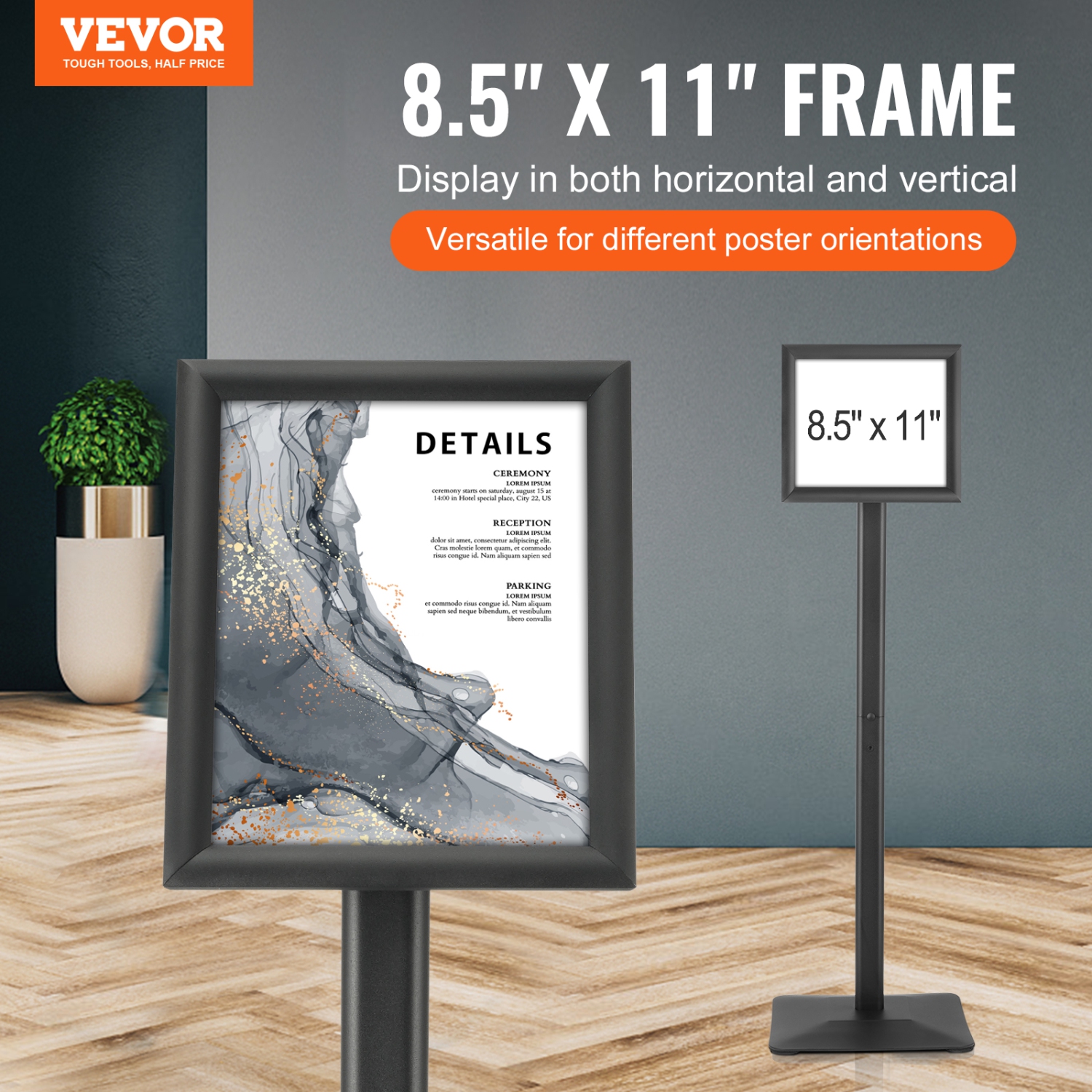 VEVOR 8.5 x 11 Inch Pedestal Sign Holder, Vertical and Horizontal Adjustable Poster Stand, Heavy-Duty Floor Standing Sign Holder with Metal Base for