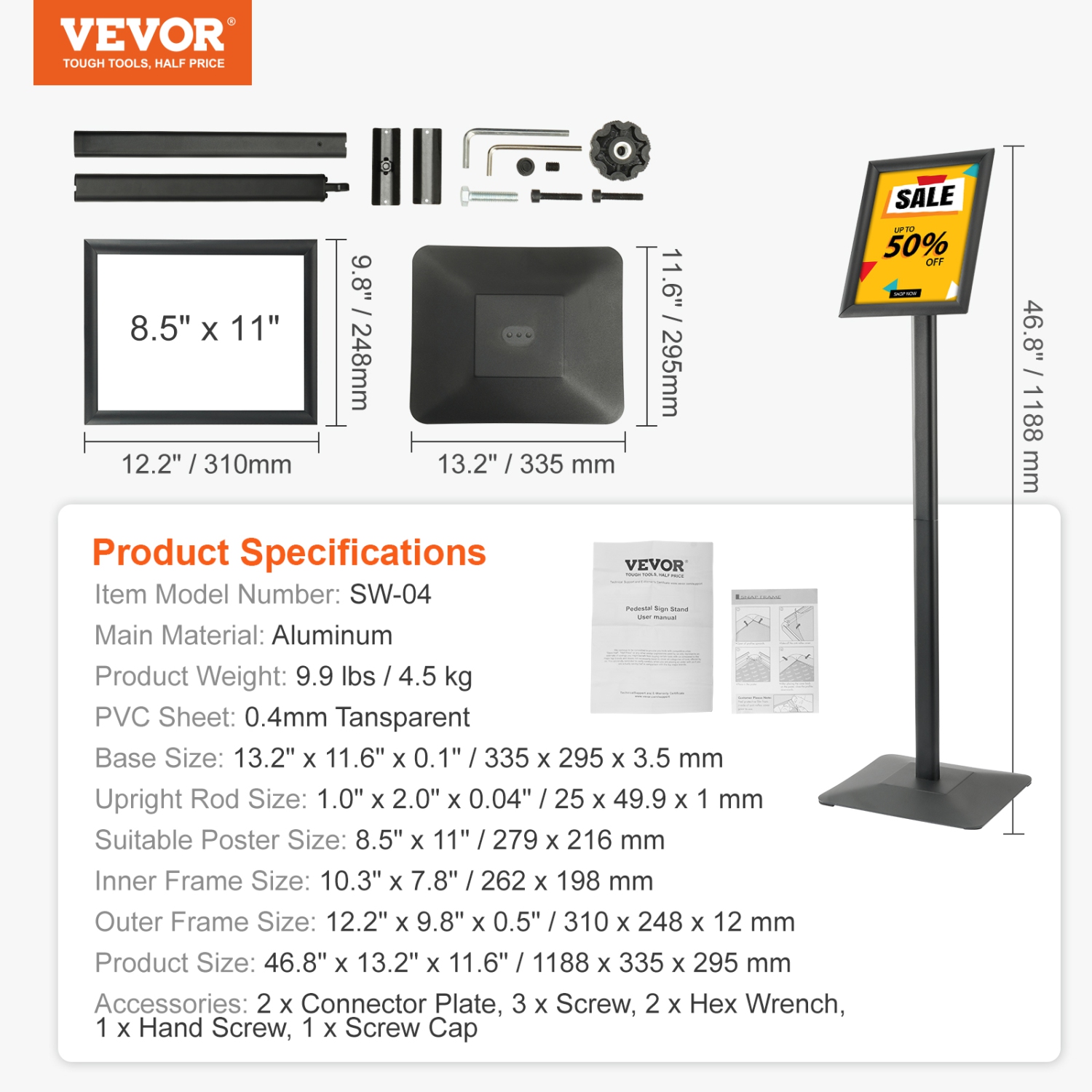 VEVOR 8.5 x 11 Inch Pedestal Sign Holder, Vertical and Horizontal Adjustable Poster Stand, Heavy-Duty Floor Standing Sign Holder with Metal Base for