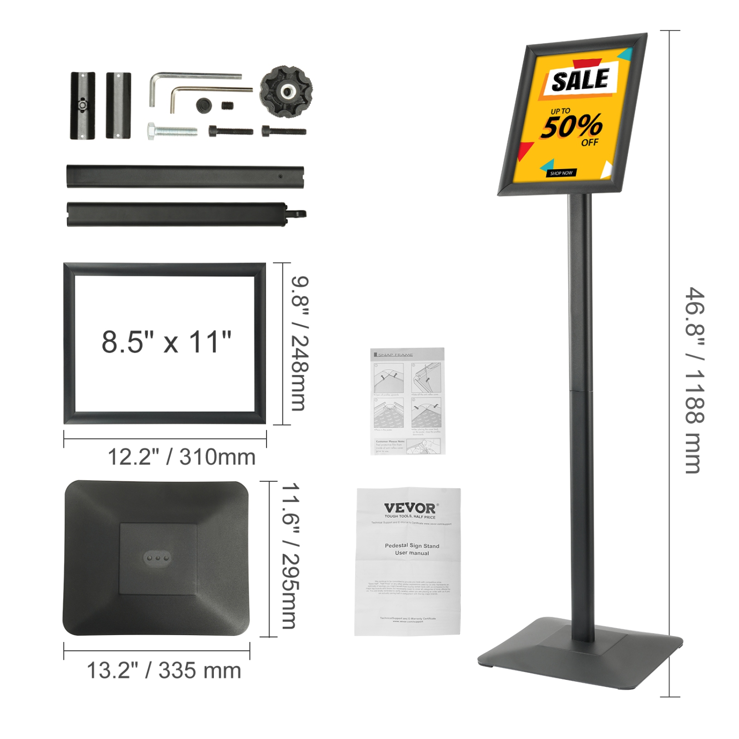 VEVOR 8.5 x 11 Inch Pedestal Sign Holder, Vertical and Horizontal Adjustable Poster Stand, Heavy-Duty Floor Standing Sign Holder with Metal Base for