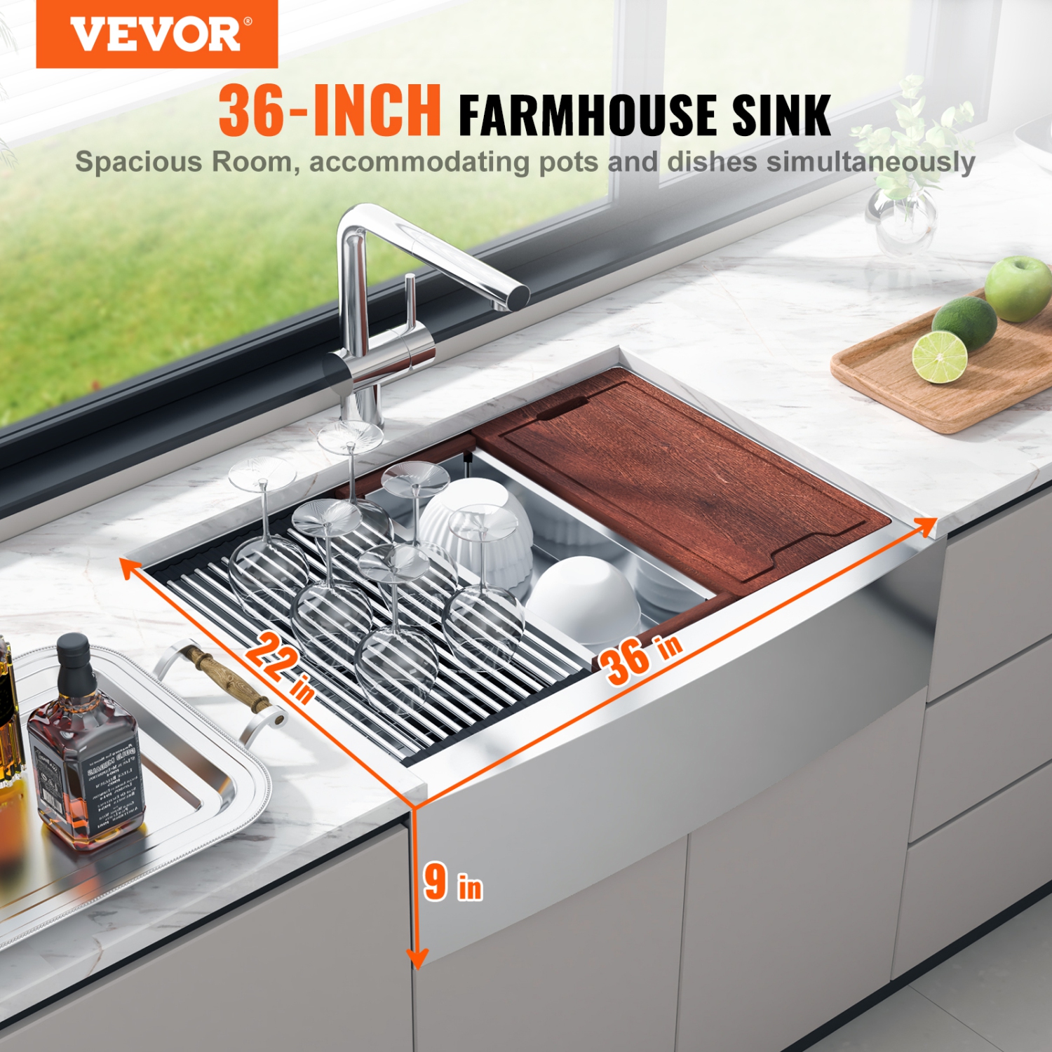 Évier de cuisine de ferme en acier inoxydable VEVOR 304, éviers encastrables, cuve simple à montage sur le dessus avec rebord et accessoires, éviers