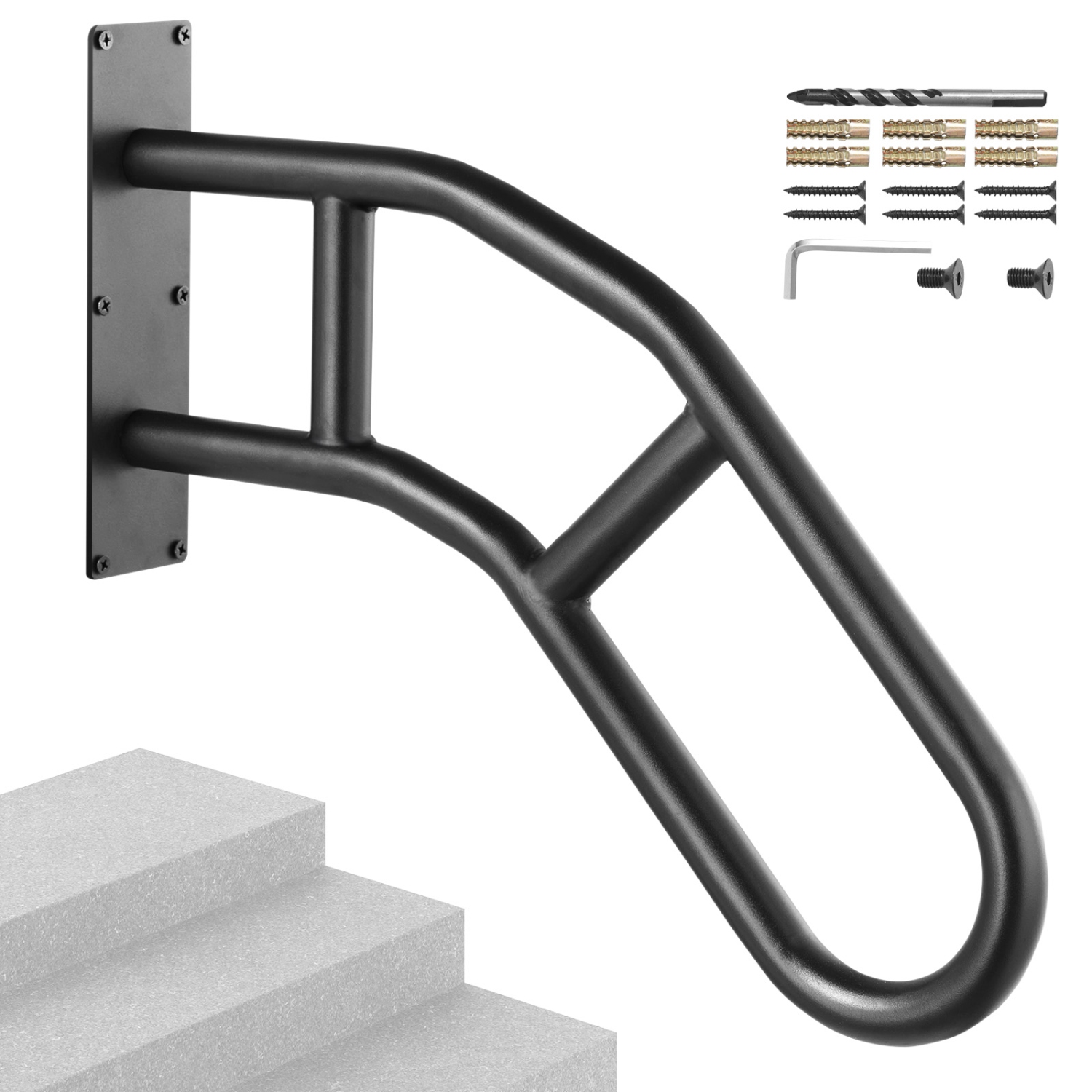 VEVOR 29" Length Handrails for Outdoor Steps, Wall Mount Safety Railings for 1-3 Steps, U-Shaped Handrail with Matte Black Finished, Stair Handrails