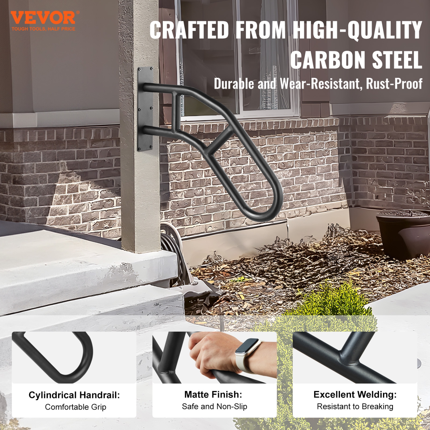 VEVOR 29" Length Handrails for Outdoor Steps, Wall Mount Safety Railings for 1-3 Steps, U-Shaped Handrail with Matte Black Finished, Stair Handrails