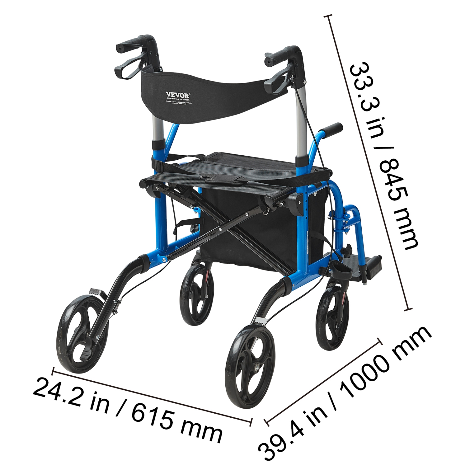 Marchette et chaise de transport 2 en 1 VEVOR pour aînés, ensemble fauteuil roulant roulant roulant et repose-pieds pliants, marchette de mobilité en